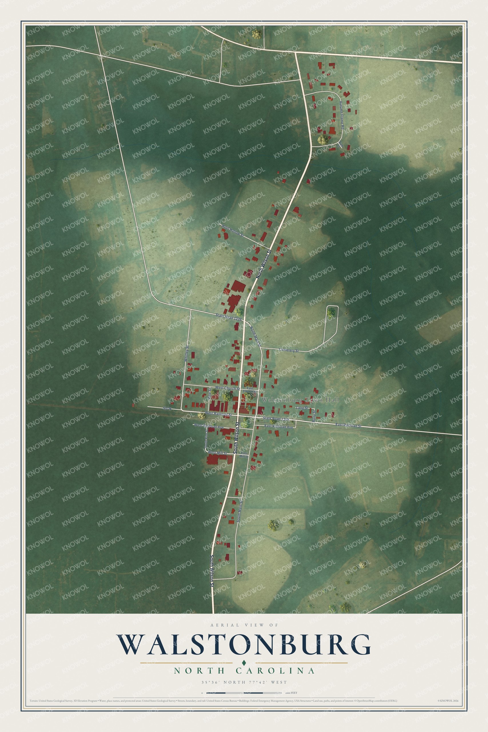 Full map of Walstonburg, North Carolina, with red buildings, printed street names and the land around them