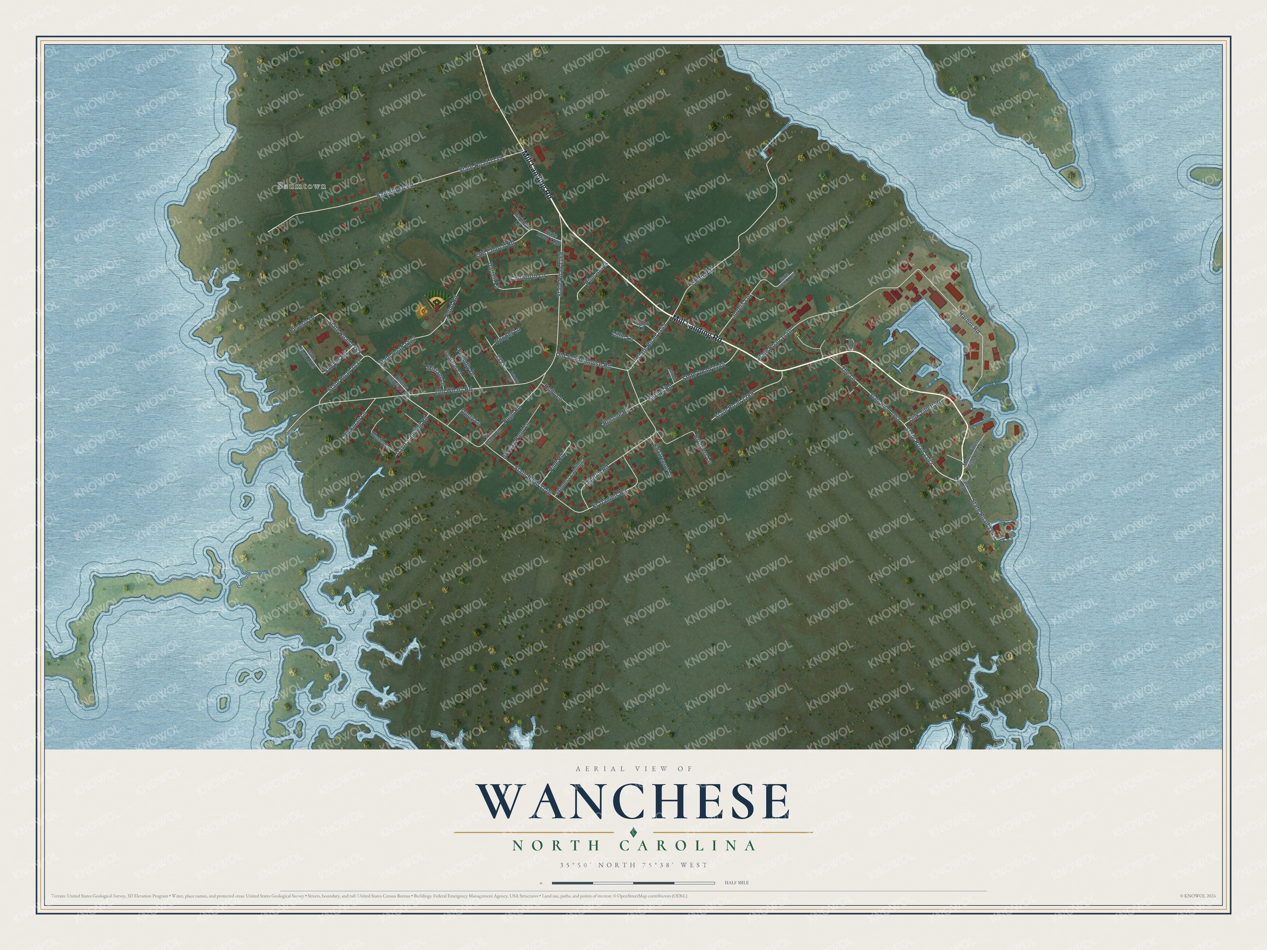 Full map of Wanchese, North Carolina, with red buildings, printed street names and the land around them