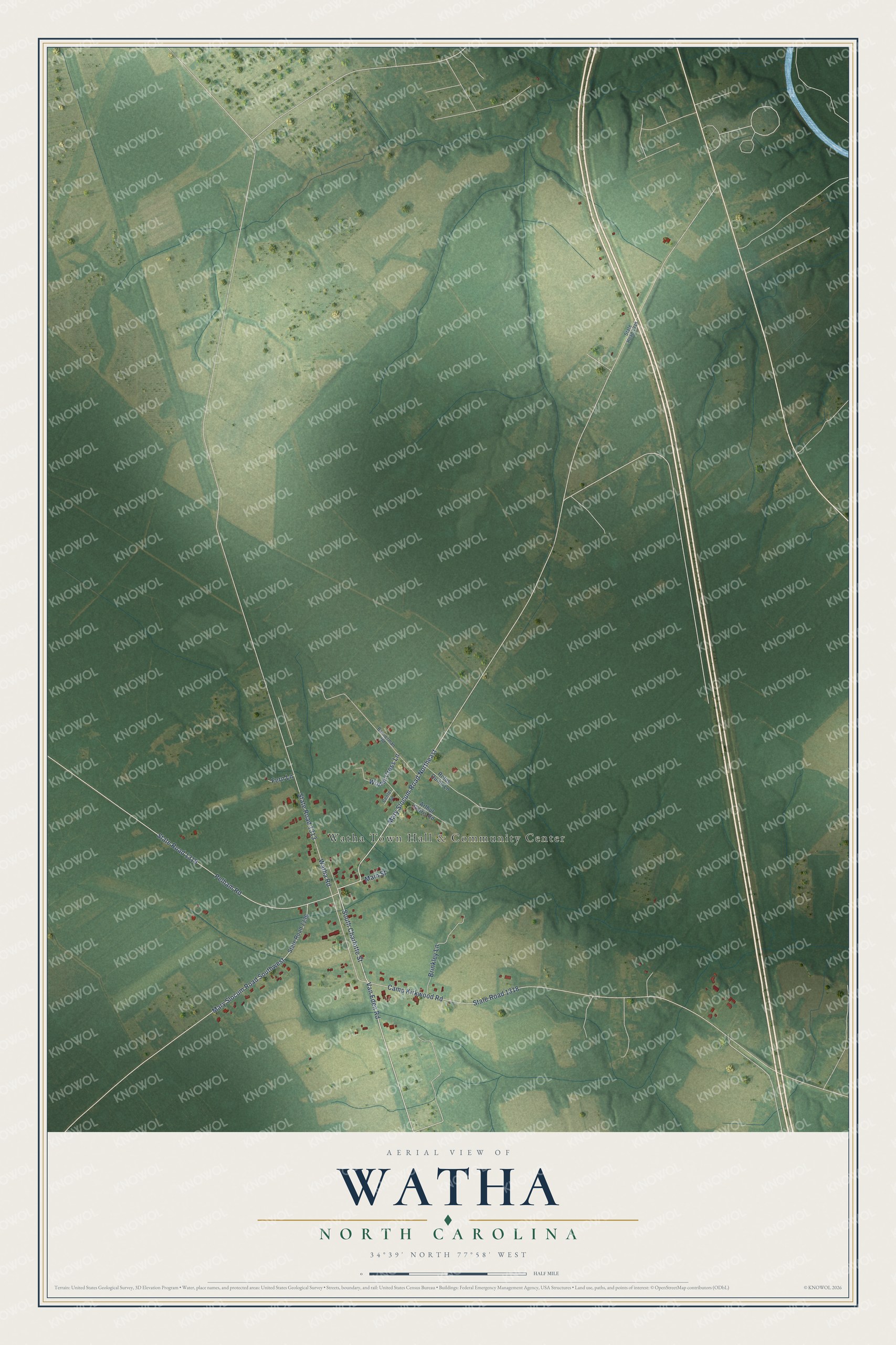 Full map of Watha, North Carolina, with red buildings, printed street names and the land around them
