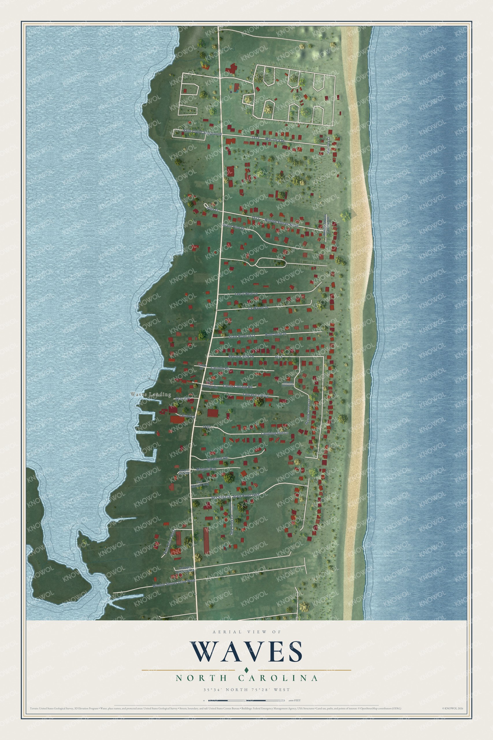 Full map of Waves, North Carolina, with red buildings, printed street names and the land around them