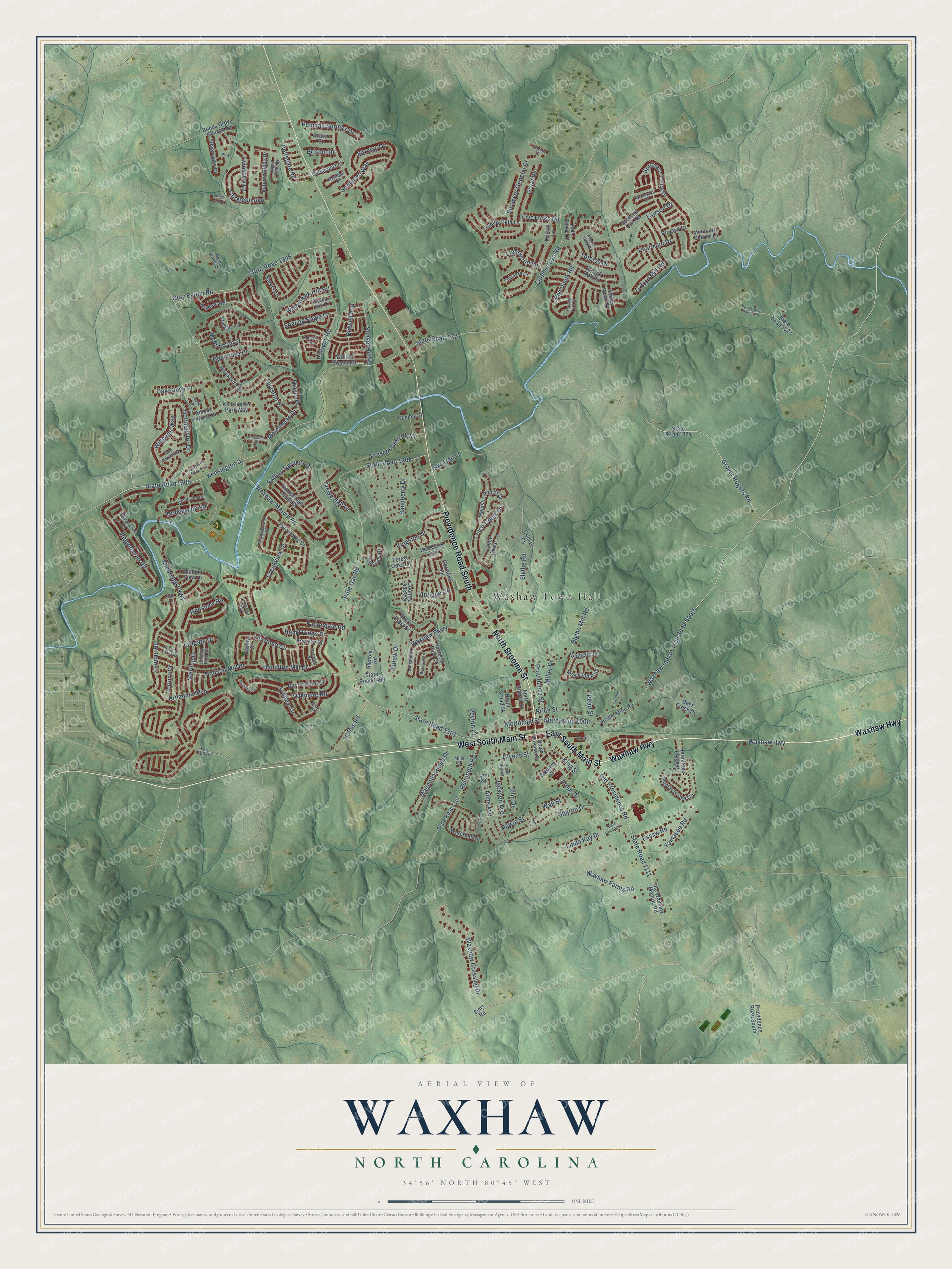 Full map of Waxhaw, North Carolina, with red buildings, printed street names and the land around them