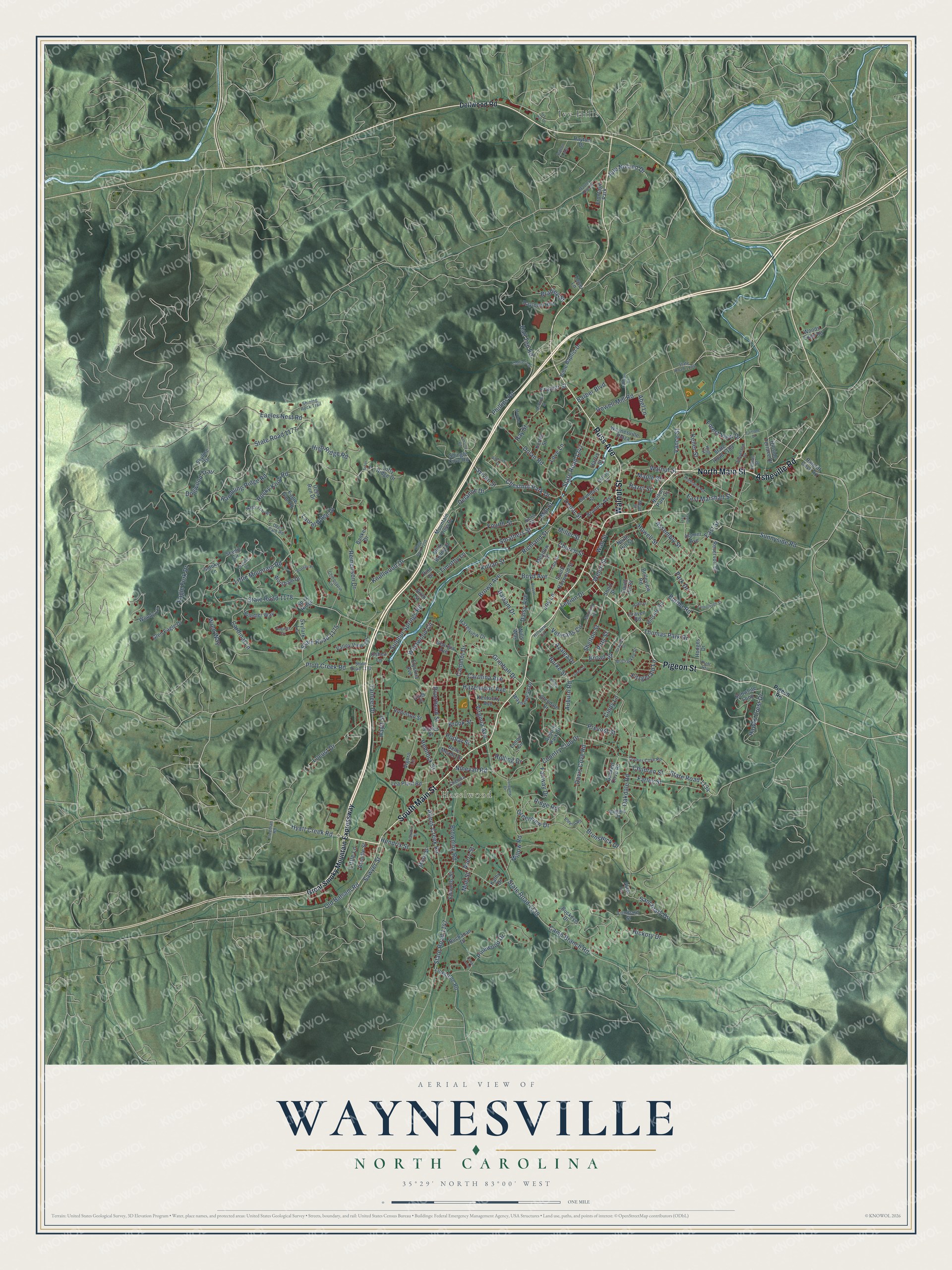 Full map of Waynesville, North Carolina, with red buildings, printed street names and the land around them