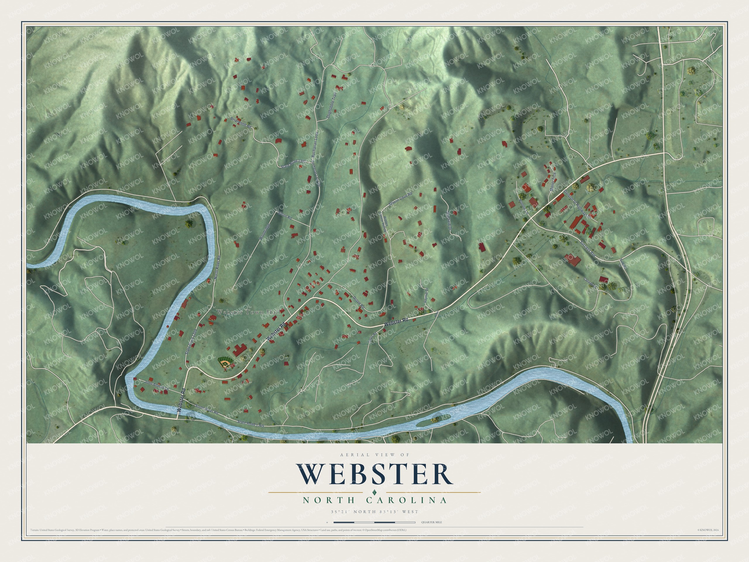 Full map of Webster, North Carolina, with red buildings, printed street names and the land around them