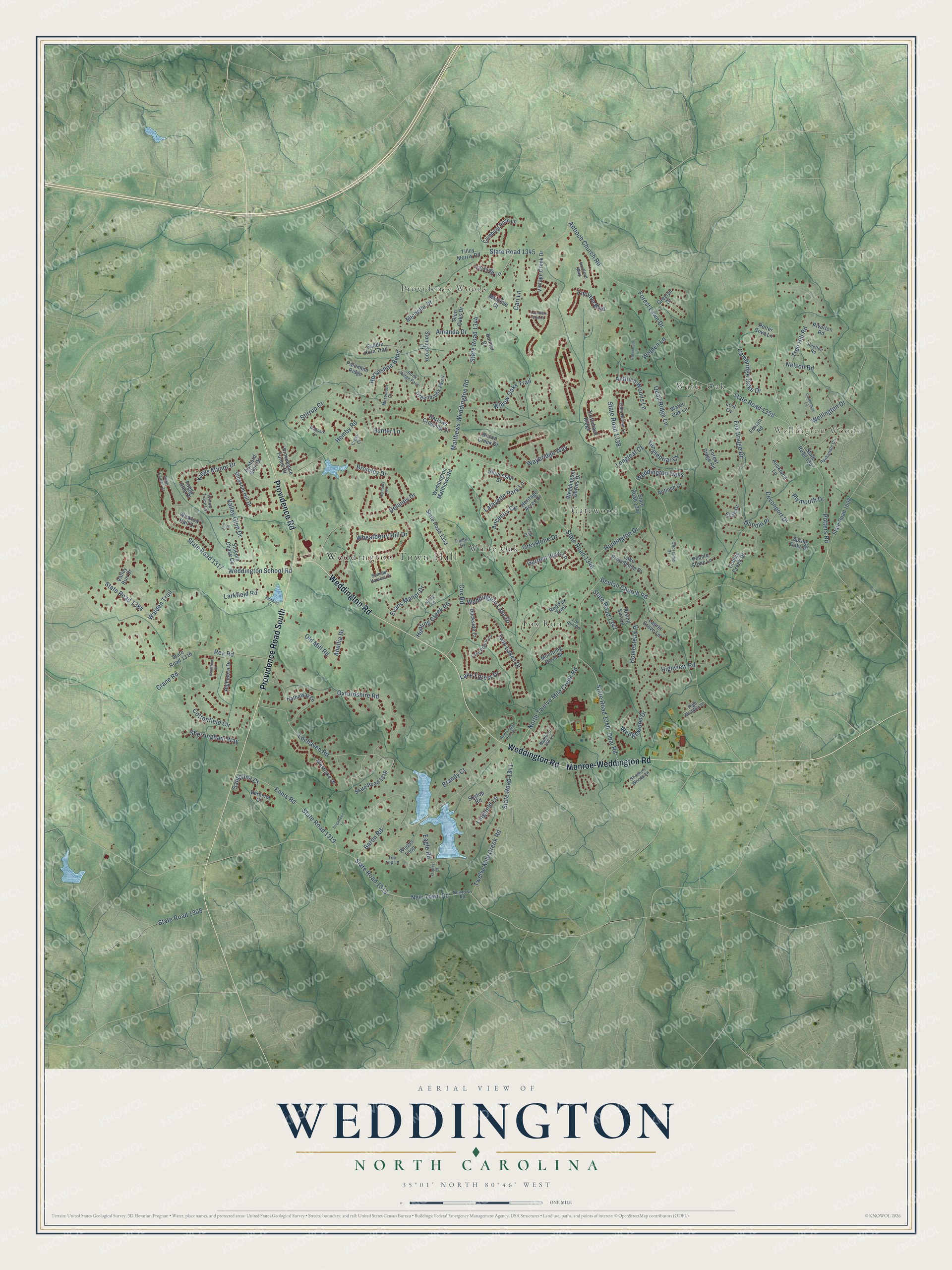 Full map of Weddington, North Carolina, with red buildings, printed street names and the land around them