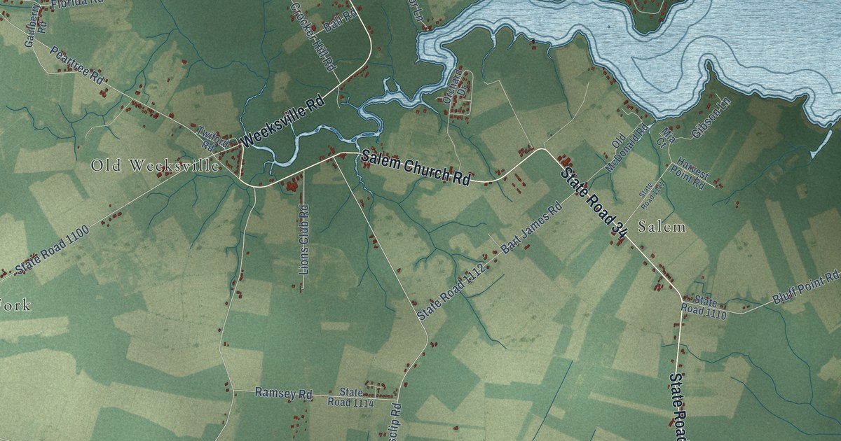 Close-up of streets and buildings in Weeksville, North Carolina