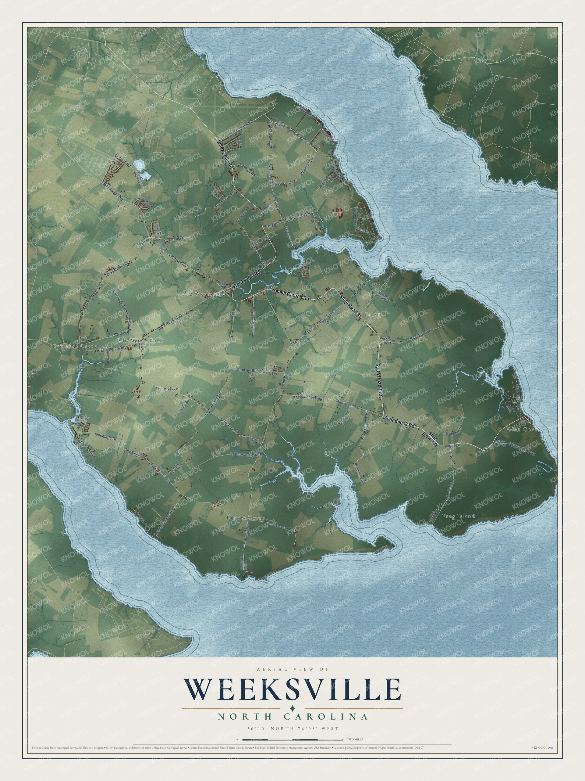Full map of Weeksville, North Carolina, with red buildings, printed street names and the land around them