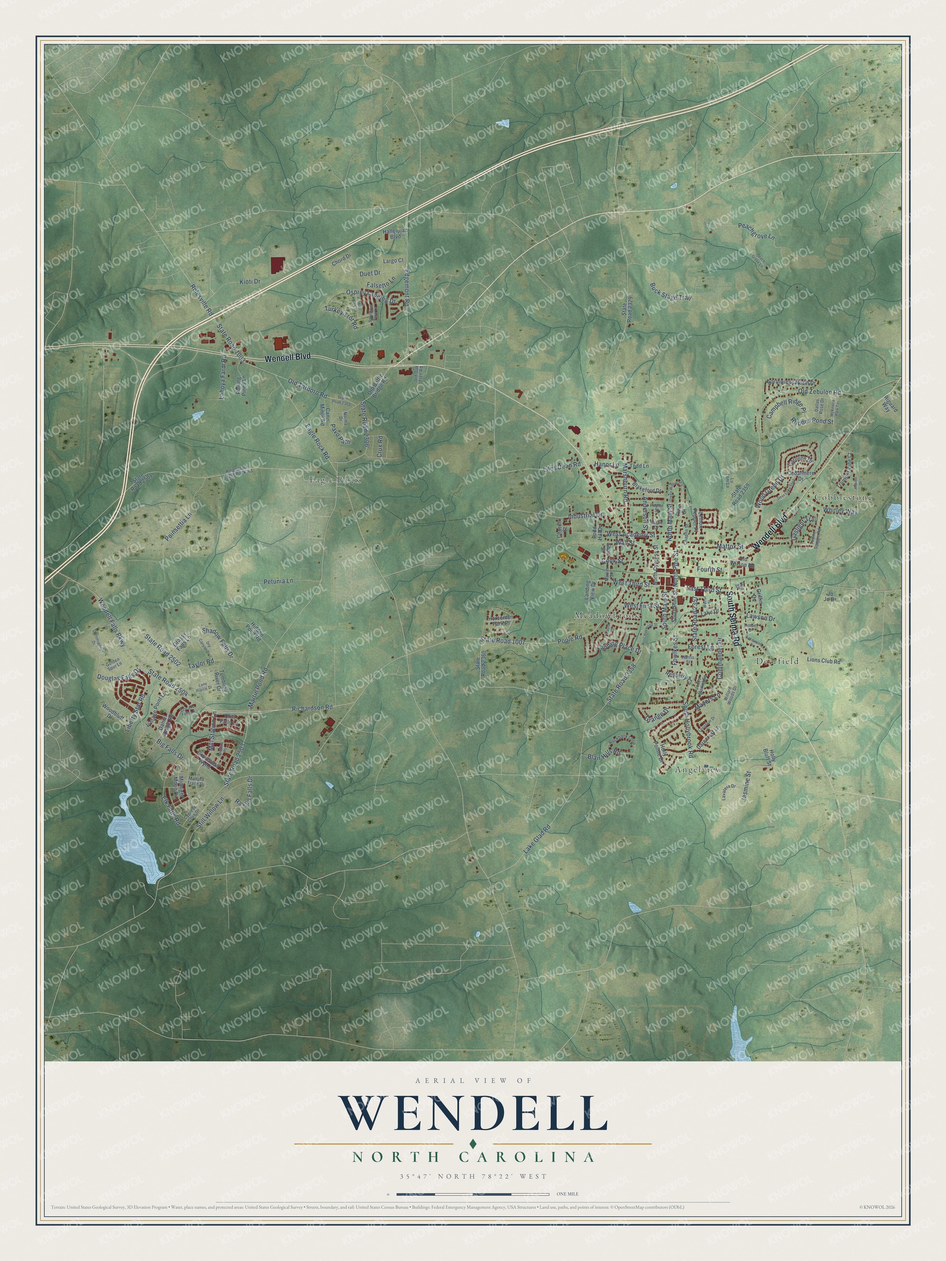 Full map of Wendell, North Carolina, with red buildings, printed street names and the land around them