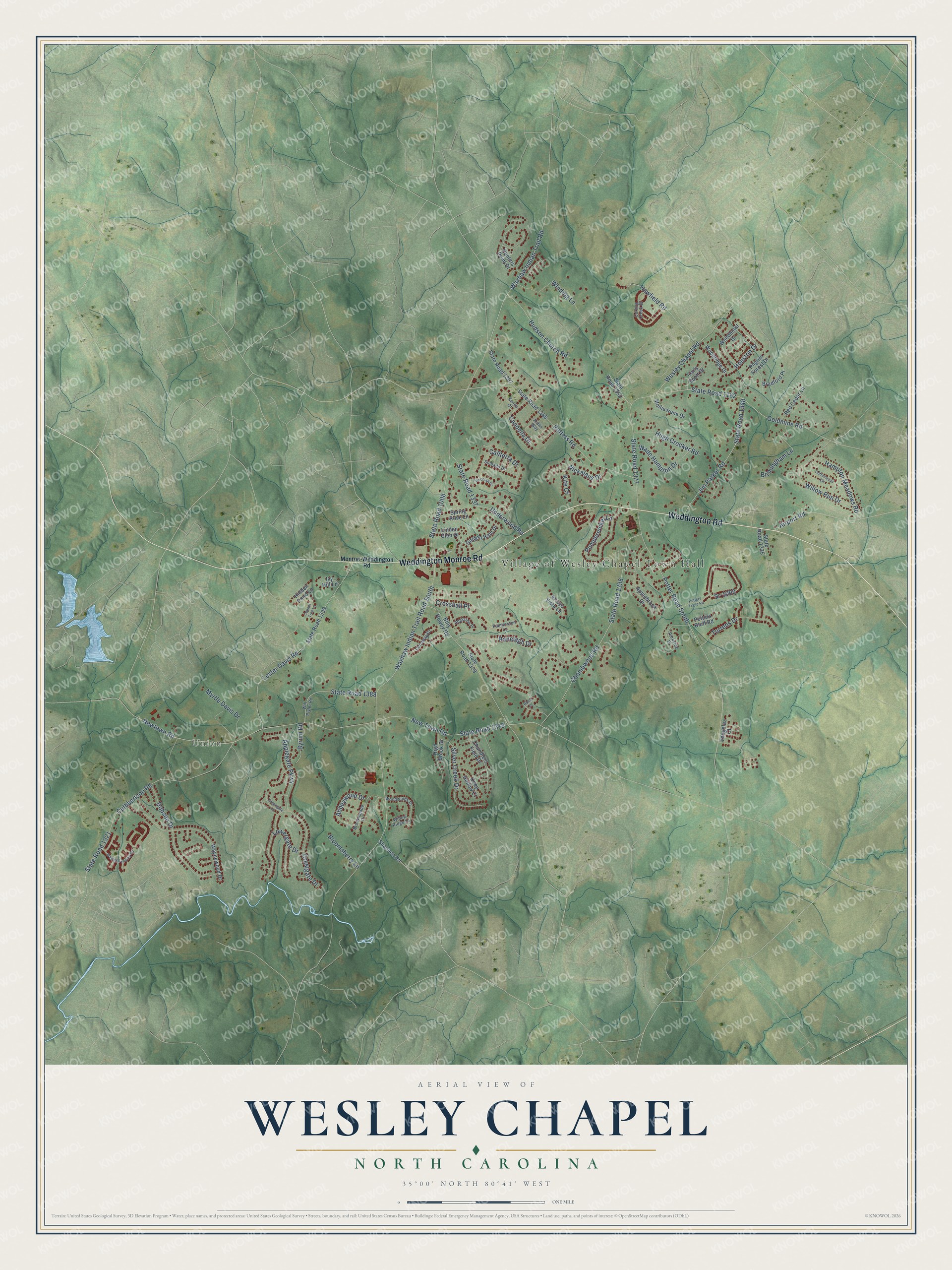Full map of Wesley Chapel, North Carolina, with red buildings, printed street names and the land around them