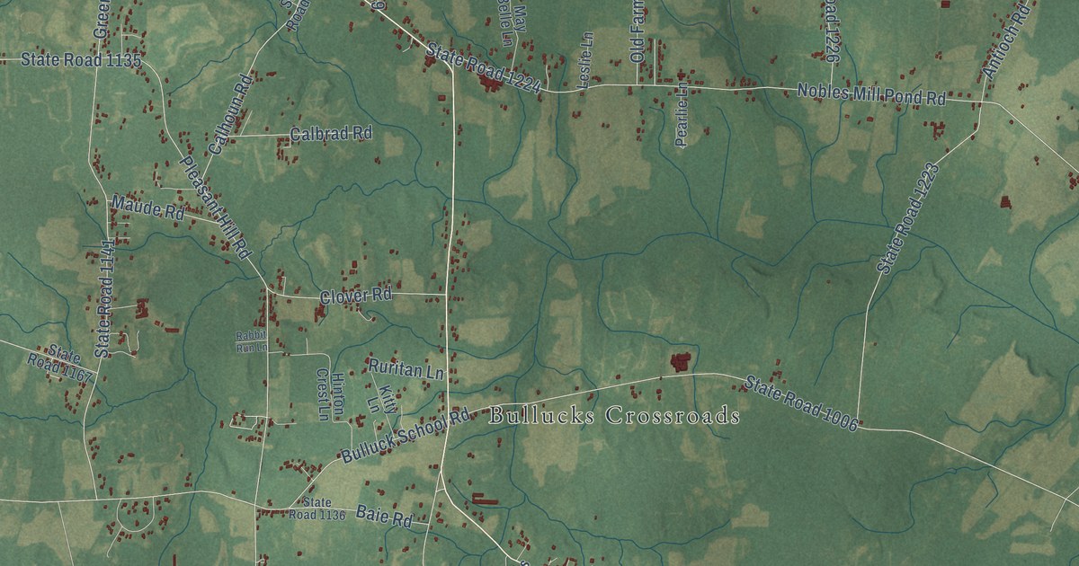 Close-up of streets and buildings in West Edgecombe, North Carolina