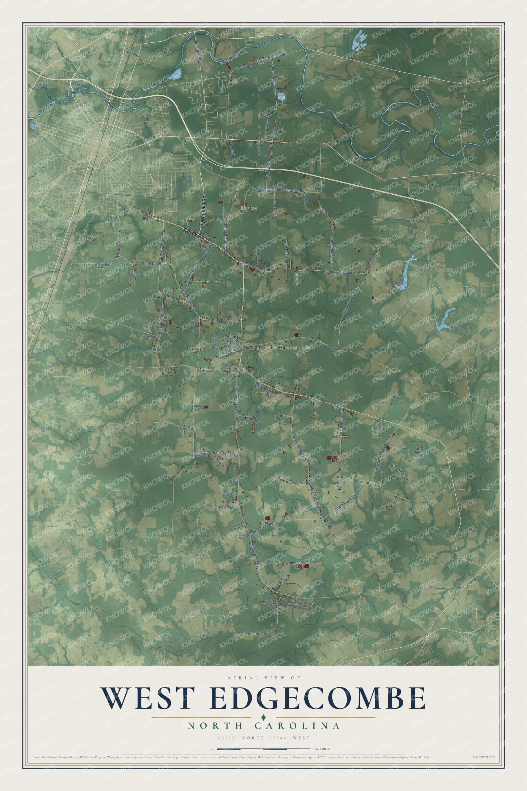Full map of West Edgecombe, North Carolina, with red buildings, printed street names and the land around them