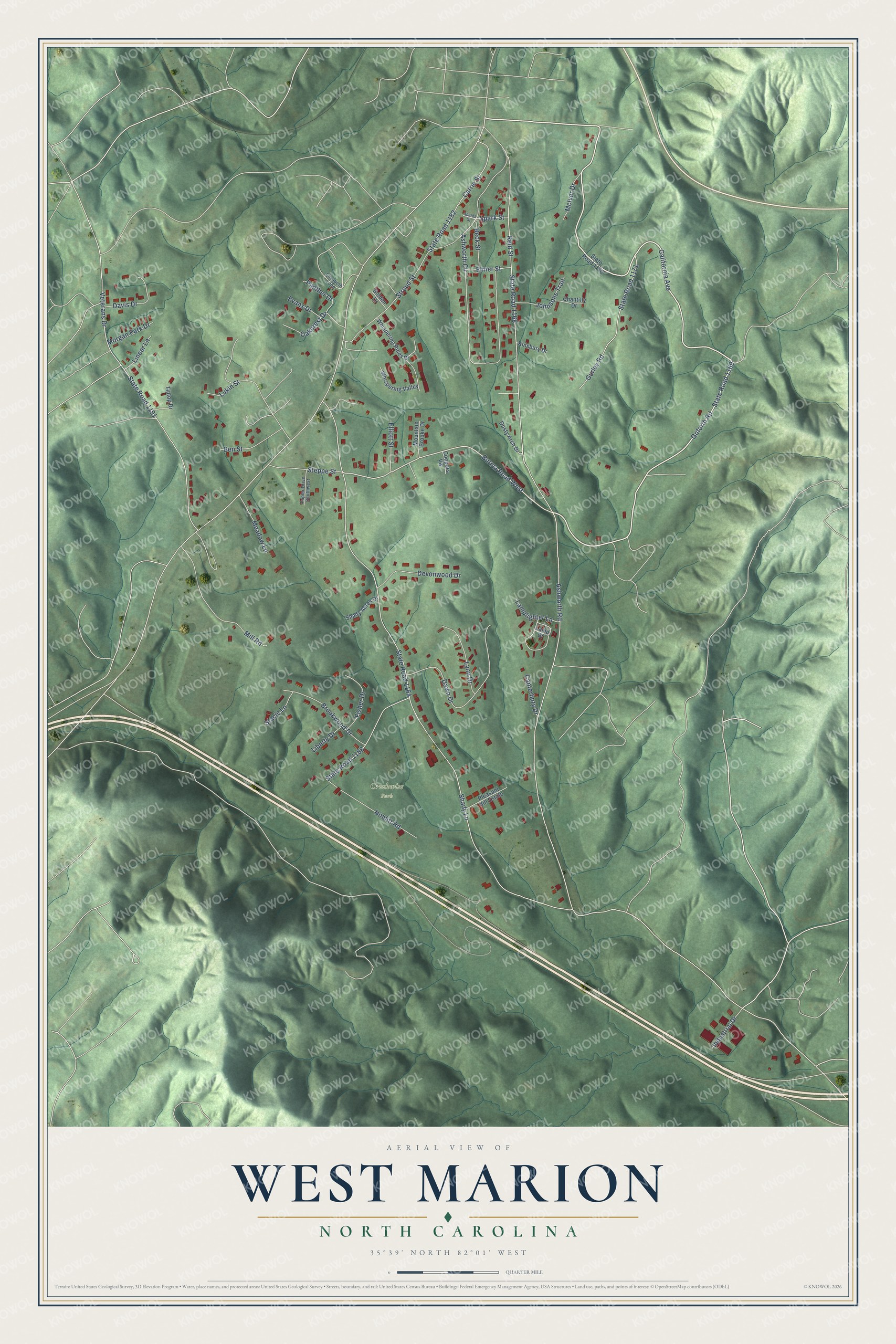 Full map of West Marion, North Carolina, with red buildings, printed street names and the land around them