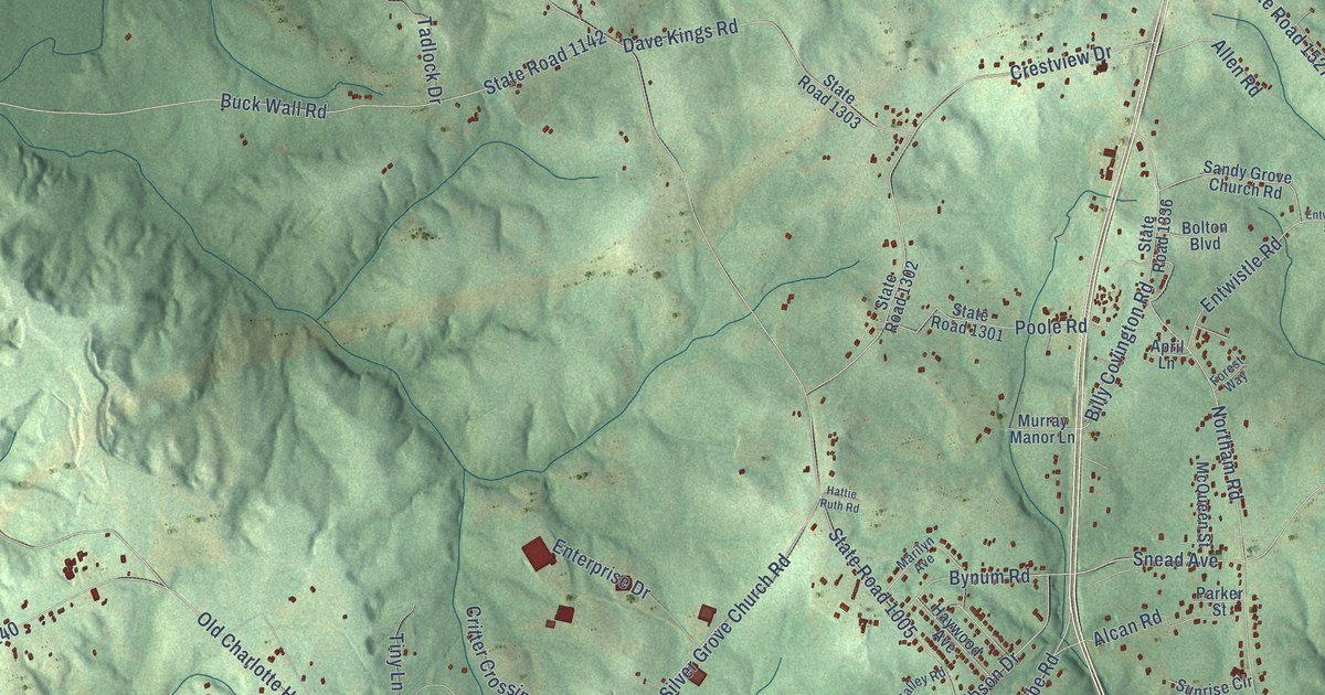 Close-up of streets and buildings in West Rockingham, North Carolina