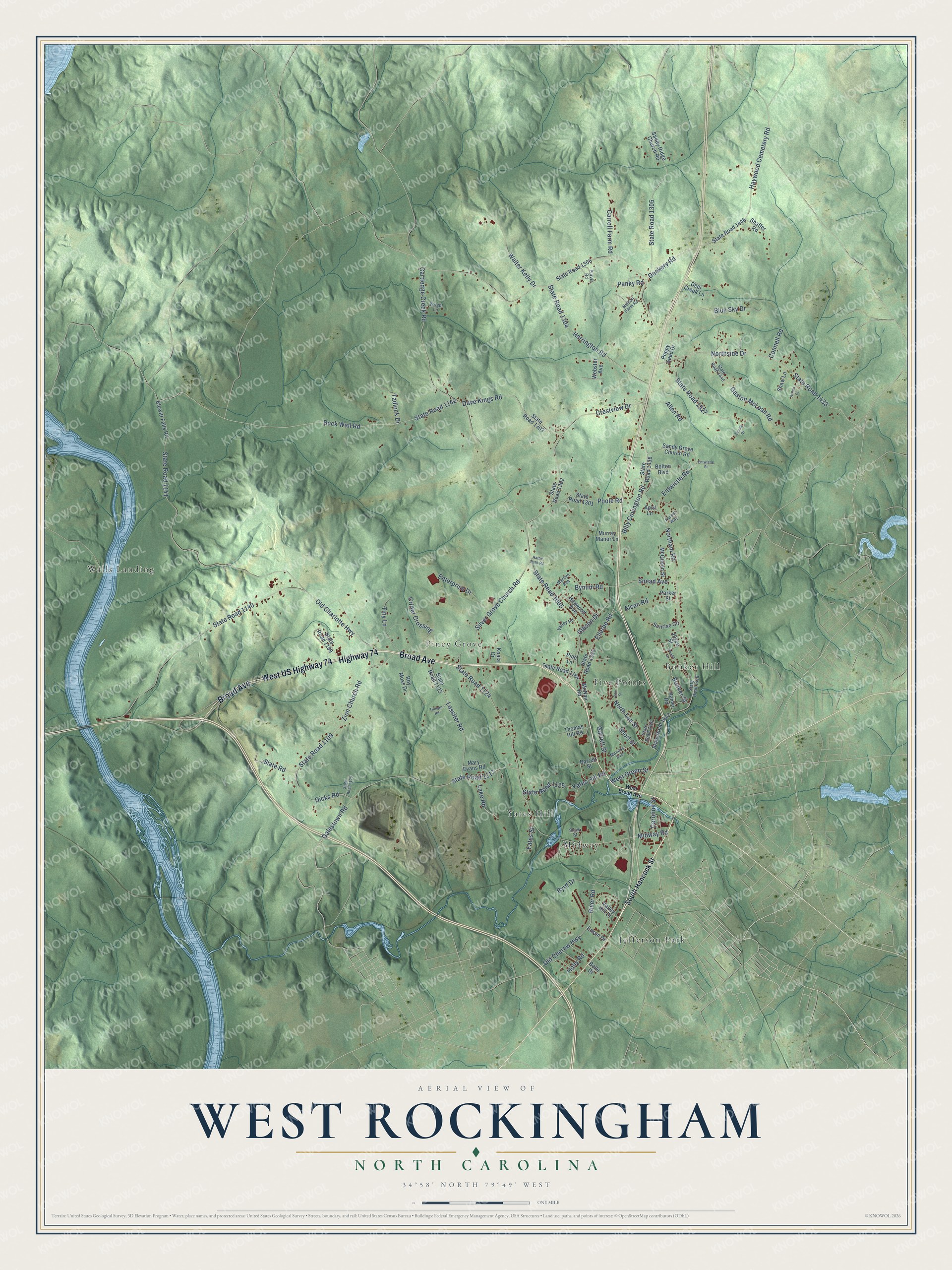 Full map of West Rockingham, North Carolina, with red buildings, printed street names and the land around them