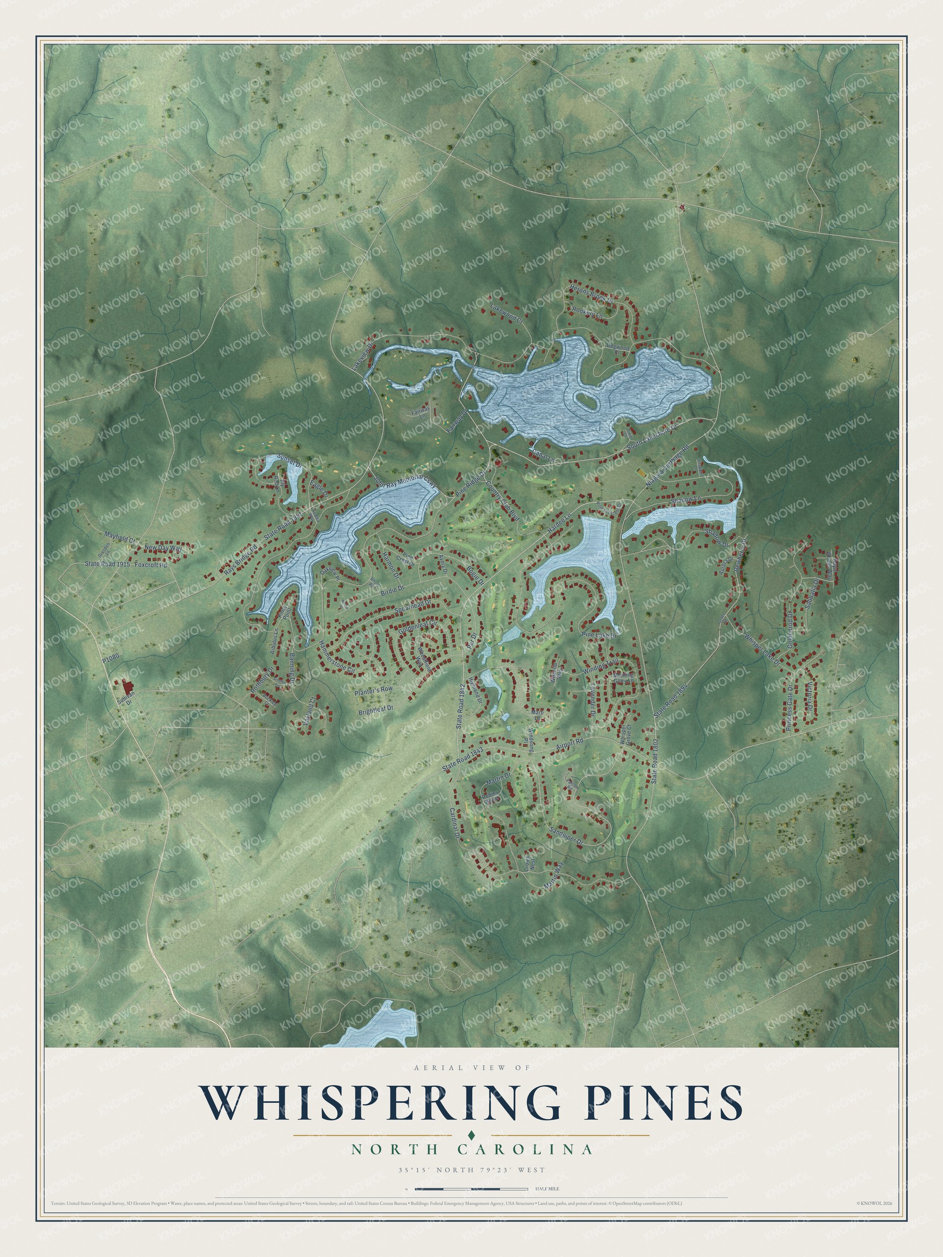 Watermarked full-map preview of Whispering Pines, North Carolina