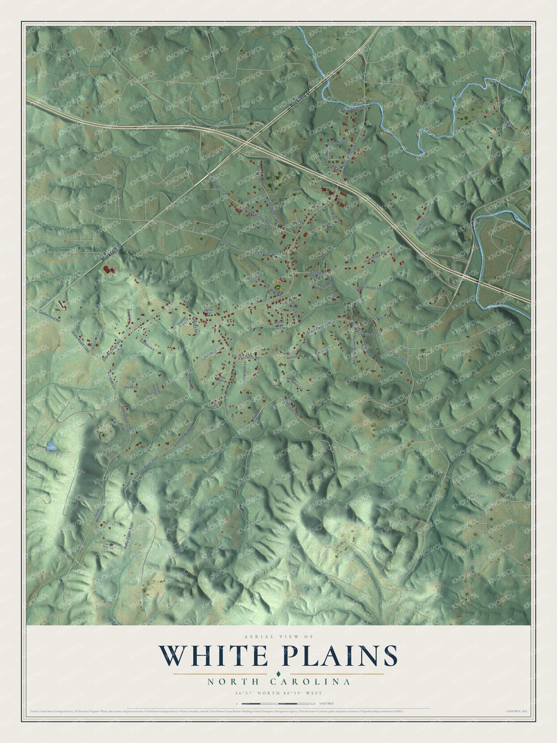 Full map of White Plains, North Carolina, with red buildings, printed street names and the land around them