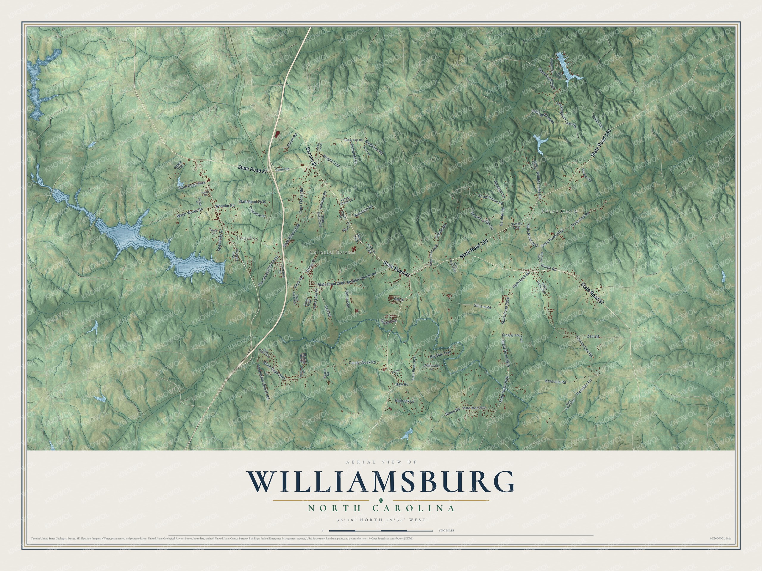 Full map of Williamsburg, North Carolina, with red buildings, printed street names and the land around them