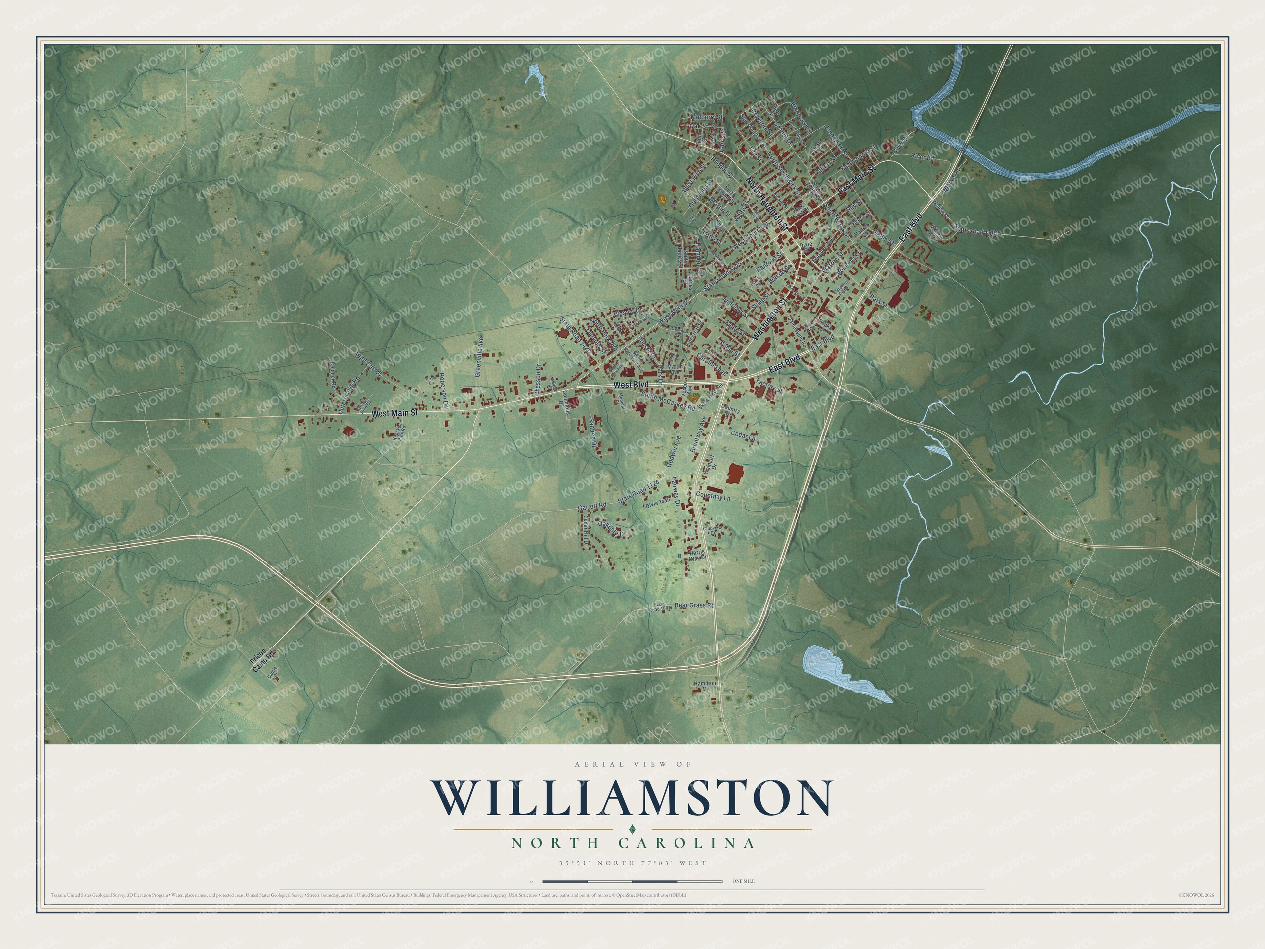 Full map of Williamston, North Carolina, with red buildings, printed street names and the land around them