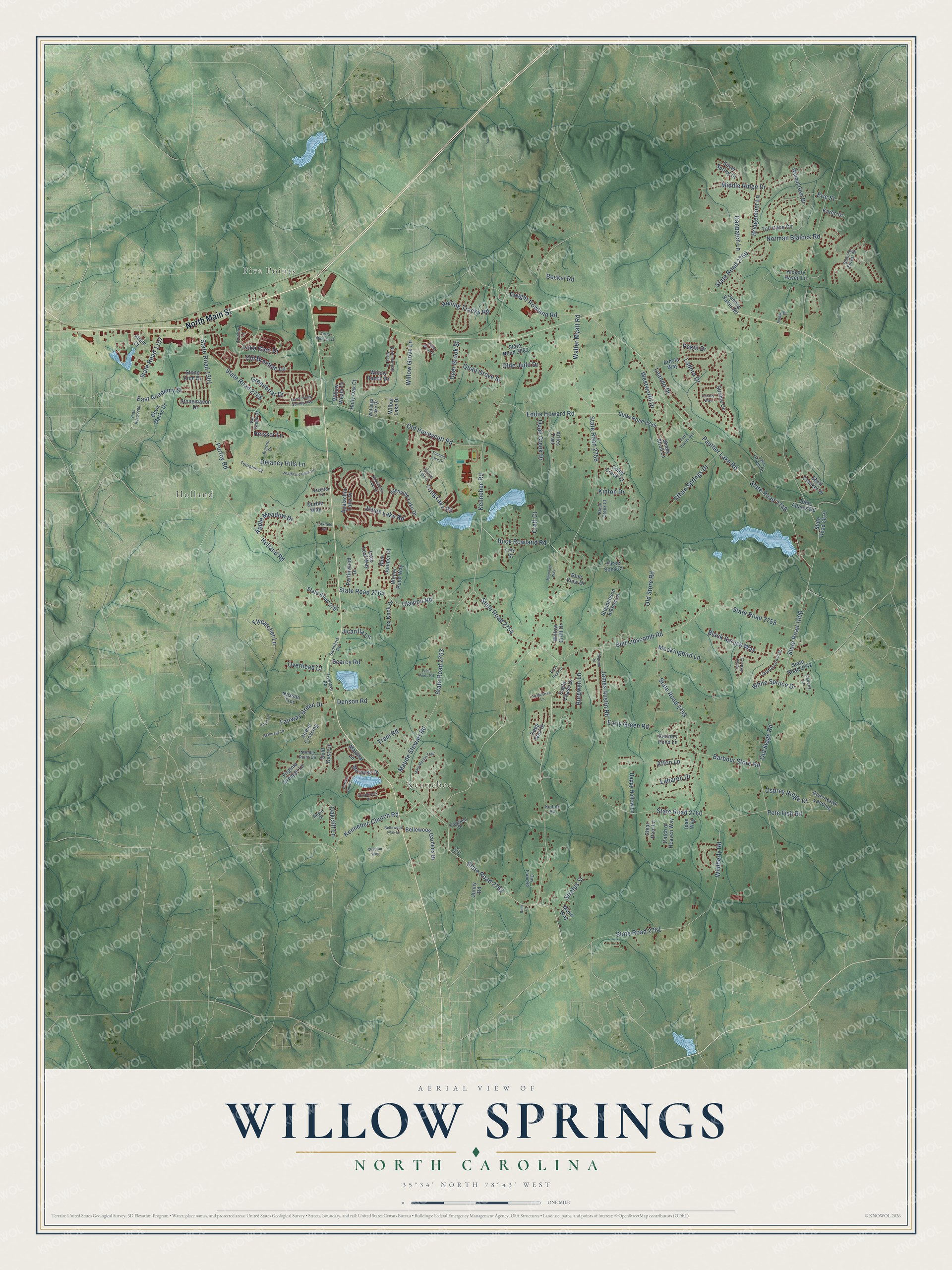 Full map of Willow Springs, North Carolina, with red buildings, printed street names and the land around them