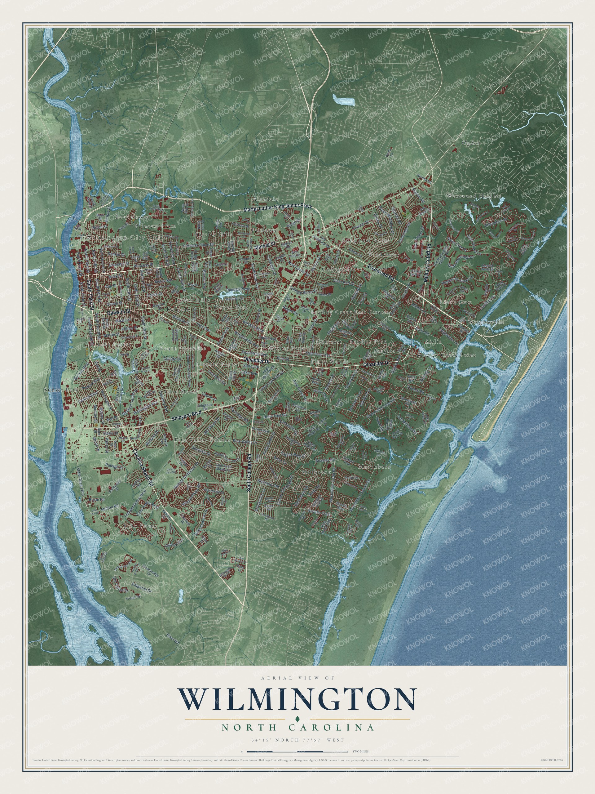 Full map of Wilmington, North Carolina, with red buildings, printed street names and the land around them