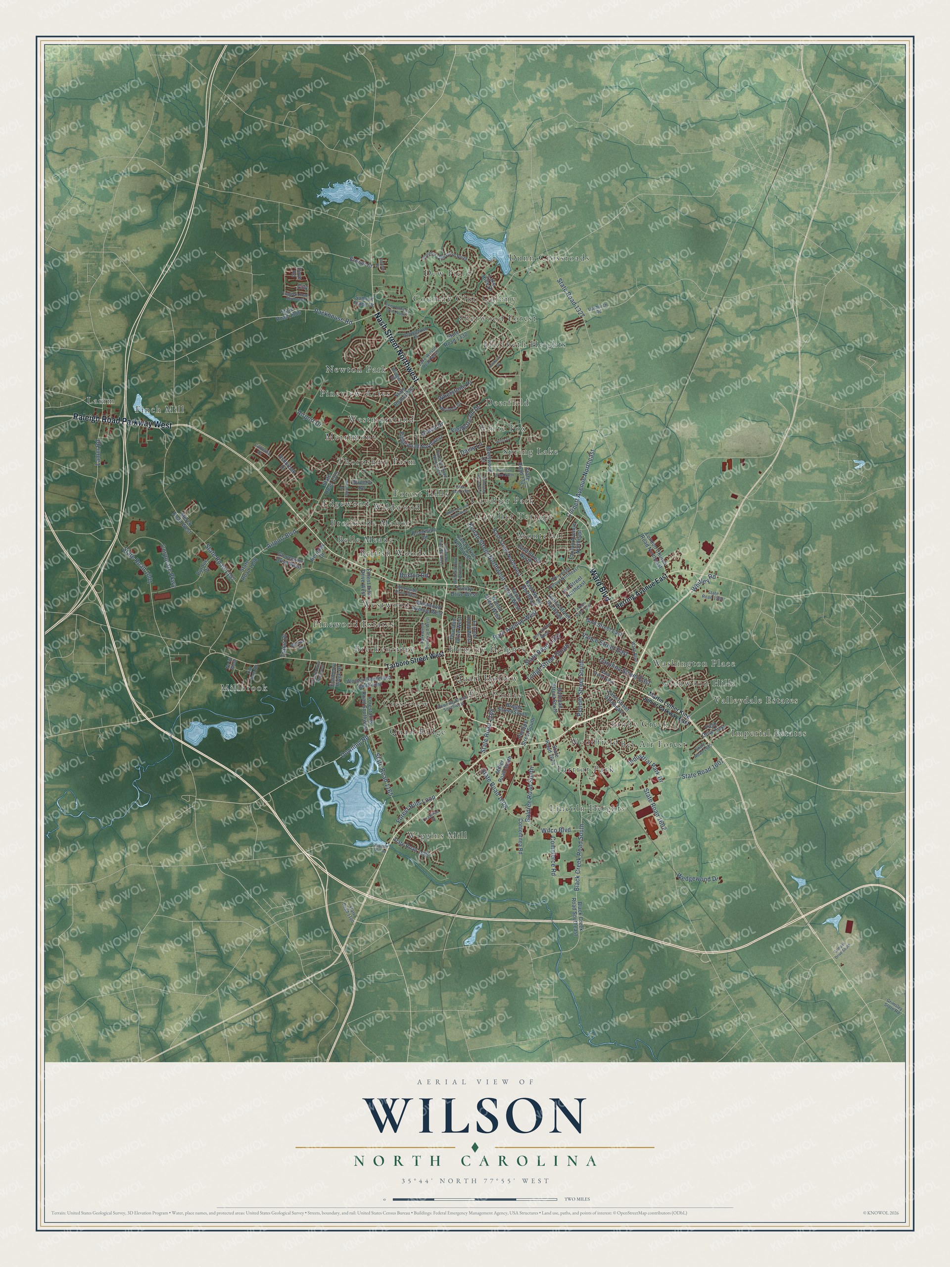 Full map of Wilson, North Carolina, with red buildings, printed street names and the land around them