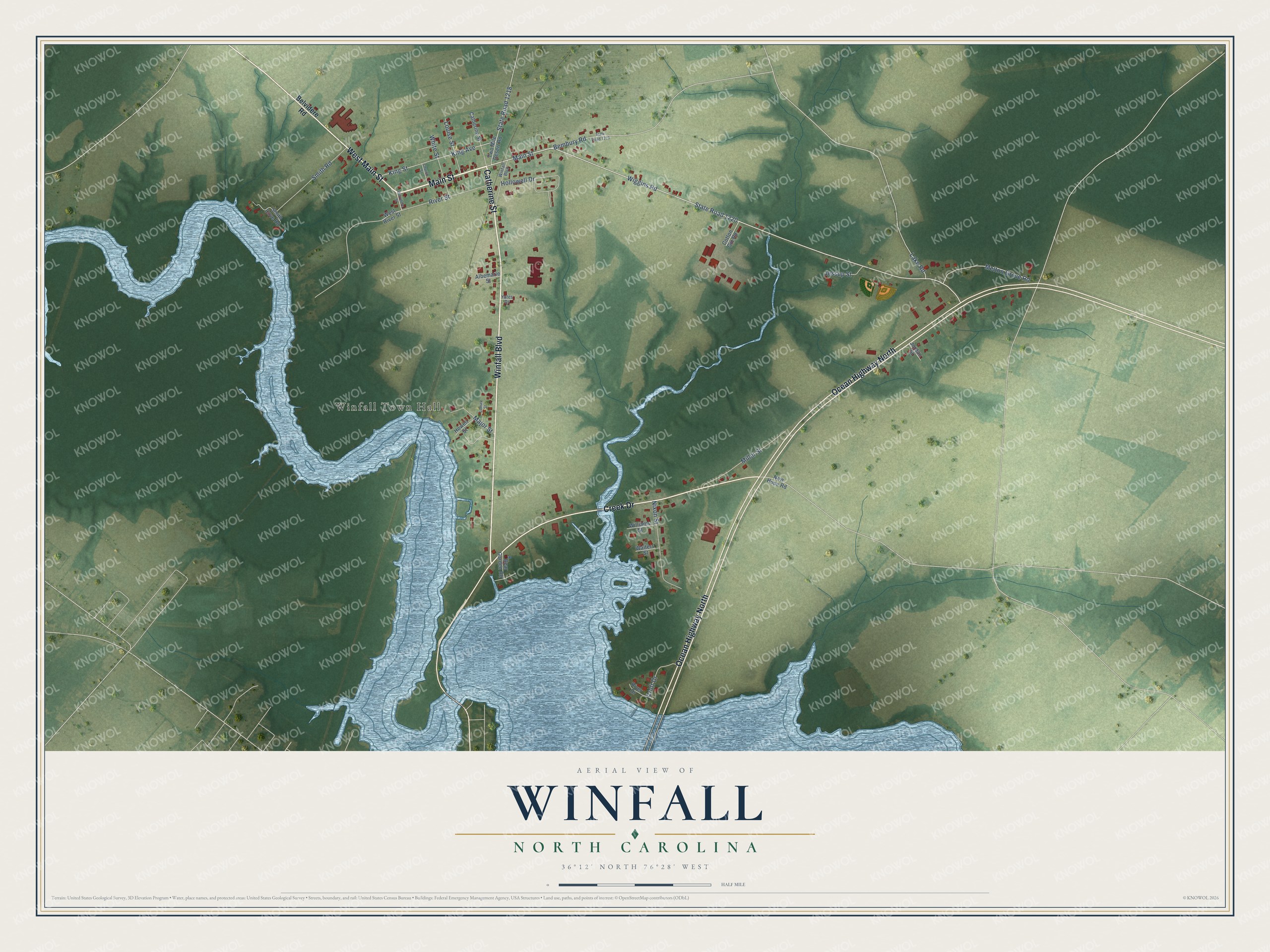 Full map of Winfall, North Carolina, with red buildings, printed street names and the land around them