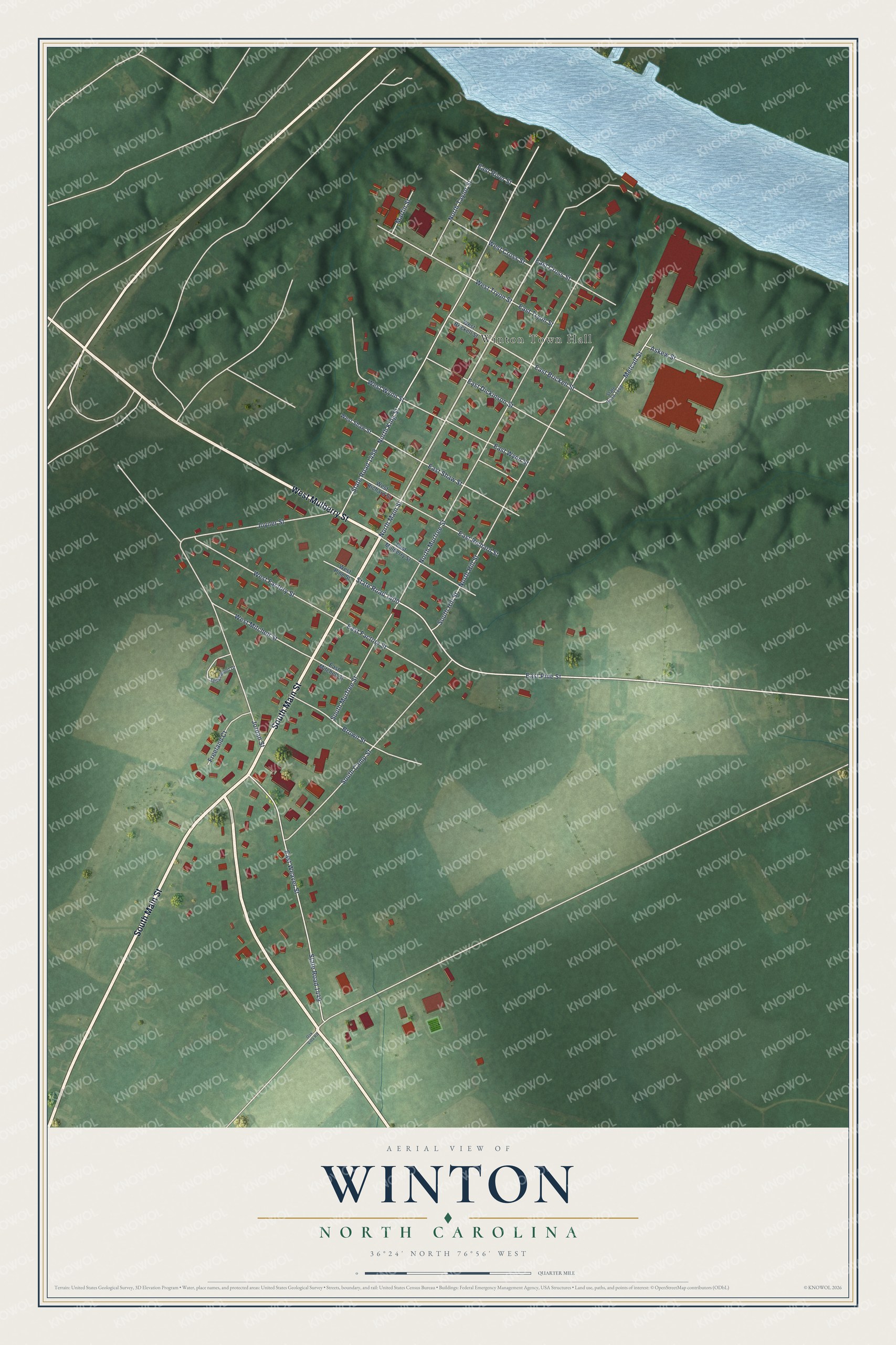 Full map of Winton, North Carolina, with red buildings, printed street names and the land around them