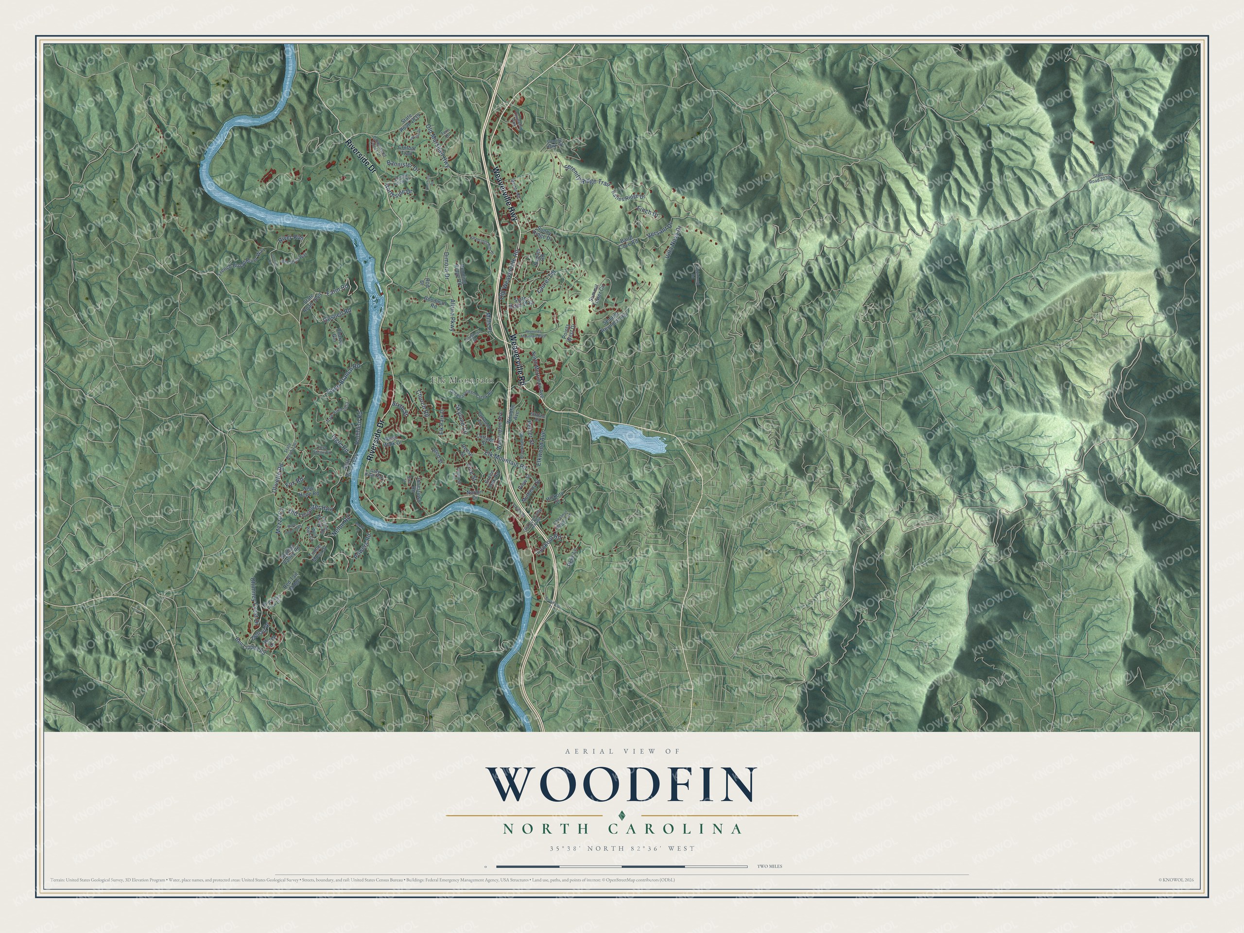 Full map of Woodfin, North Carolina, with red buildings, printed street names and the land around them