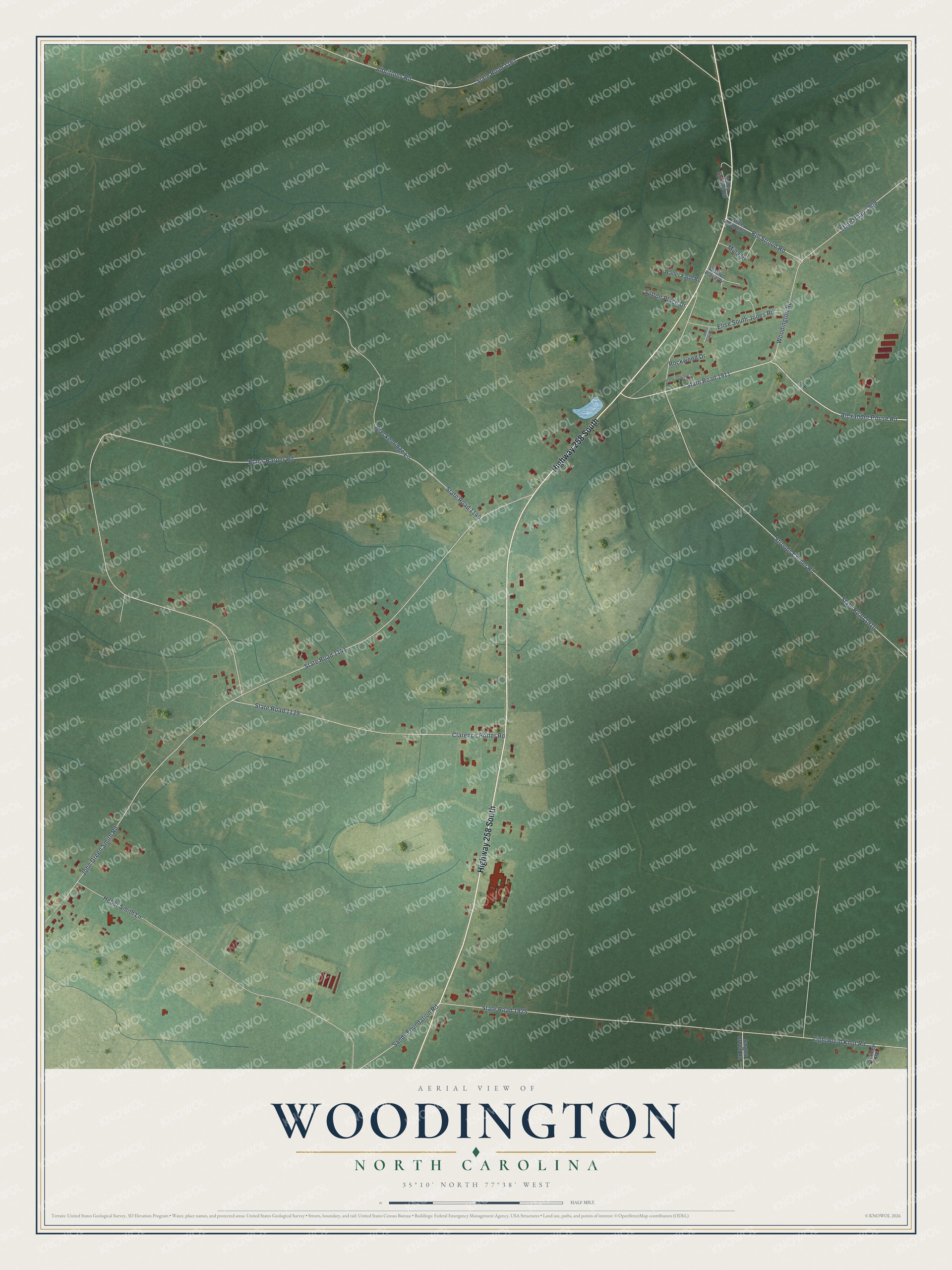 Full map of Woodington, North Carolina, with red buildings, printed street names and the land around them