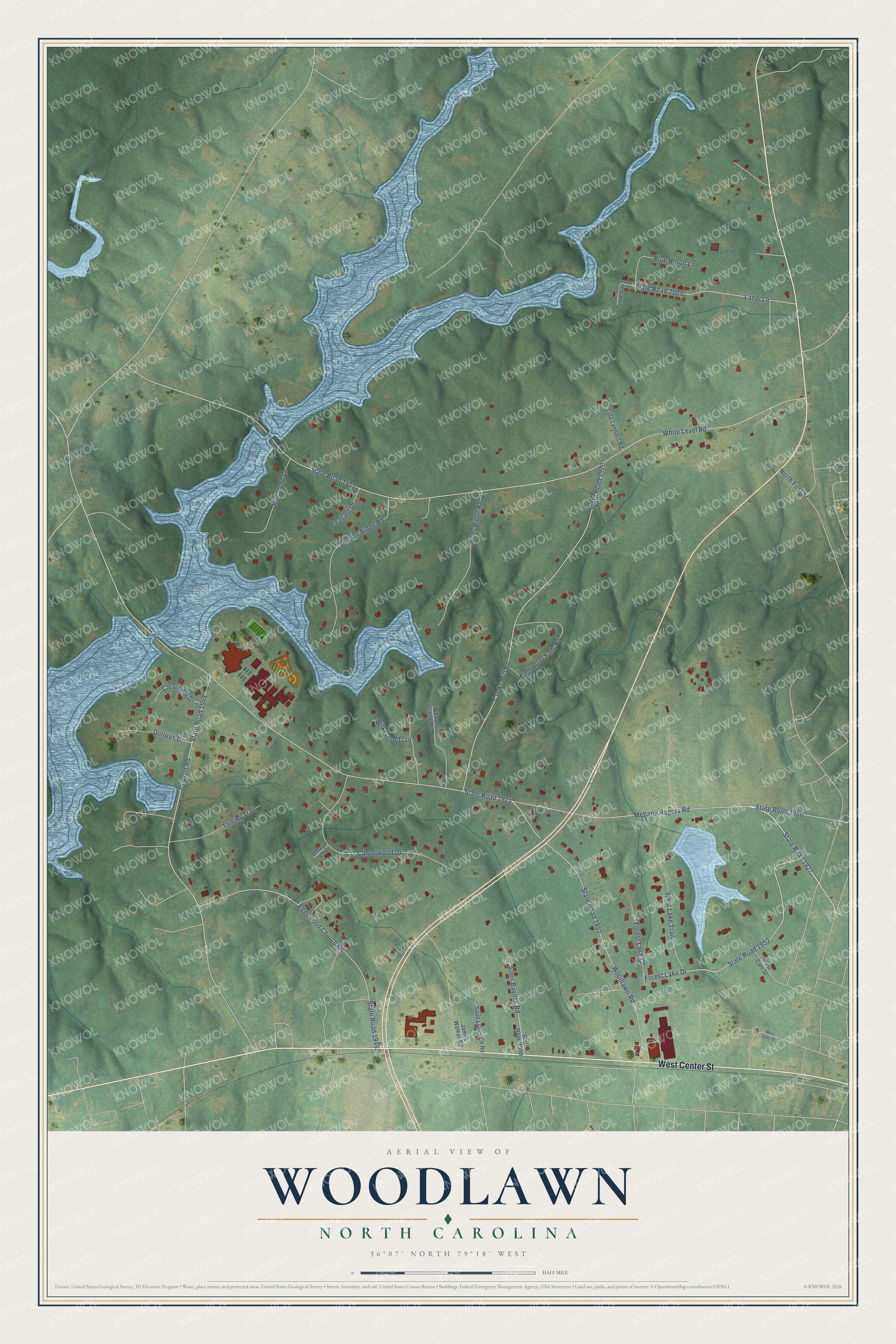 Full map of Woodlawn, North Carolina, with red buildings, printed street names and the land around them