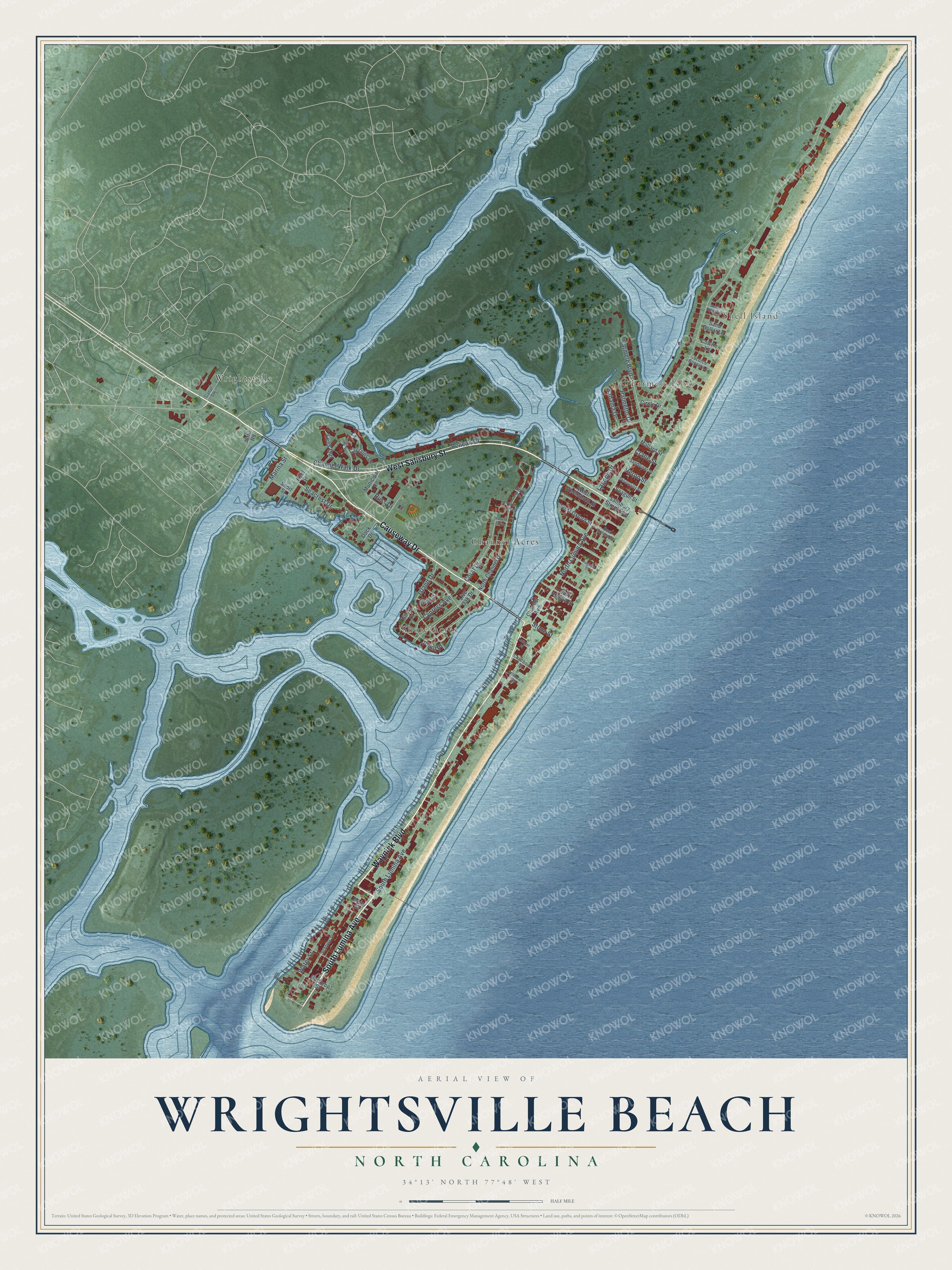 Full map of Wrightsville Beach, North Carolina, with red buildings, printed street names and the land around them