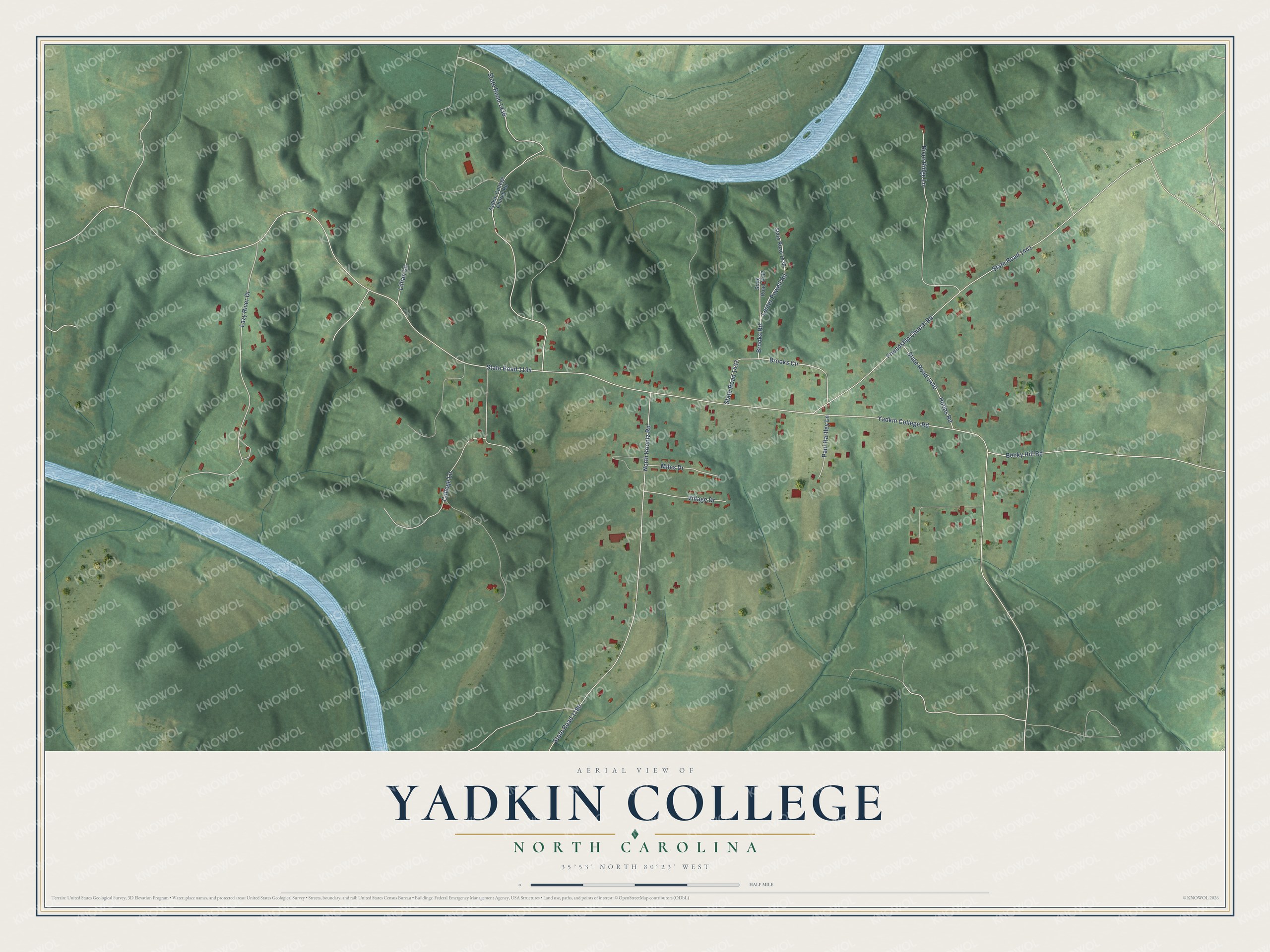 Full map of Yadkin College, North Carolina, with red buildings, printed street names and the land around them
