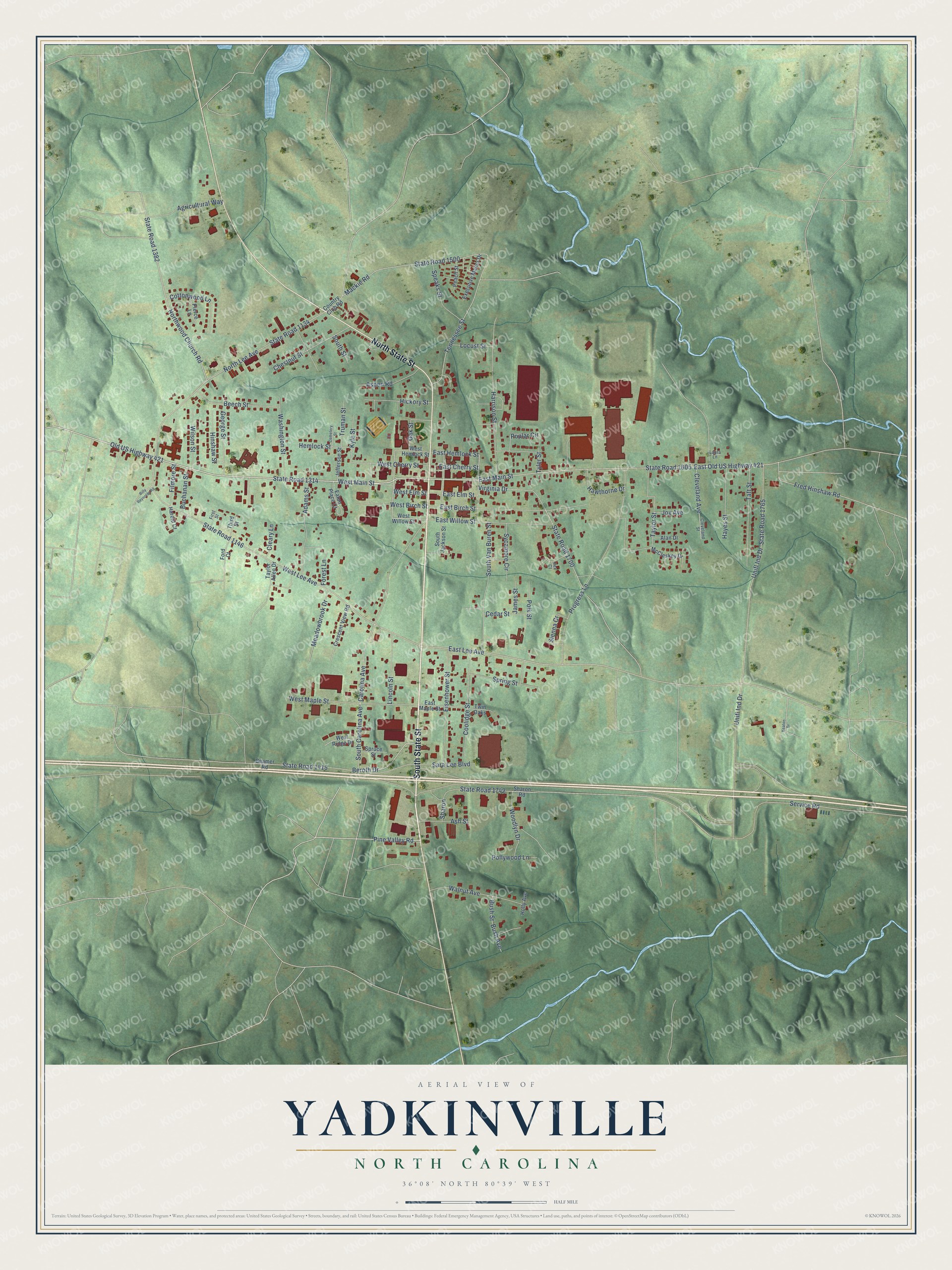 Watermarked full-map preview of Yadkinville, North Carolina