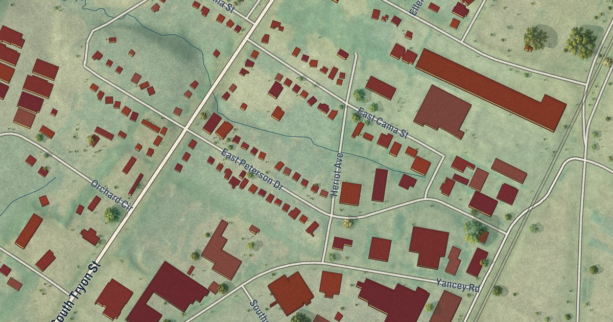 Close-up of streets and buildings in York Road, North Carolina