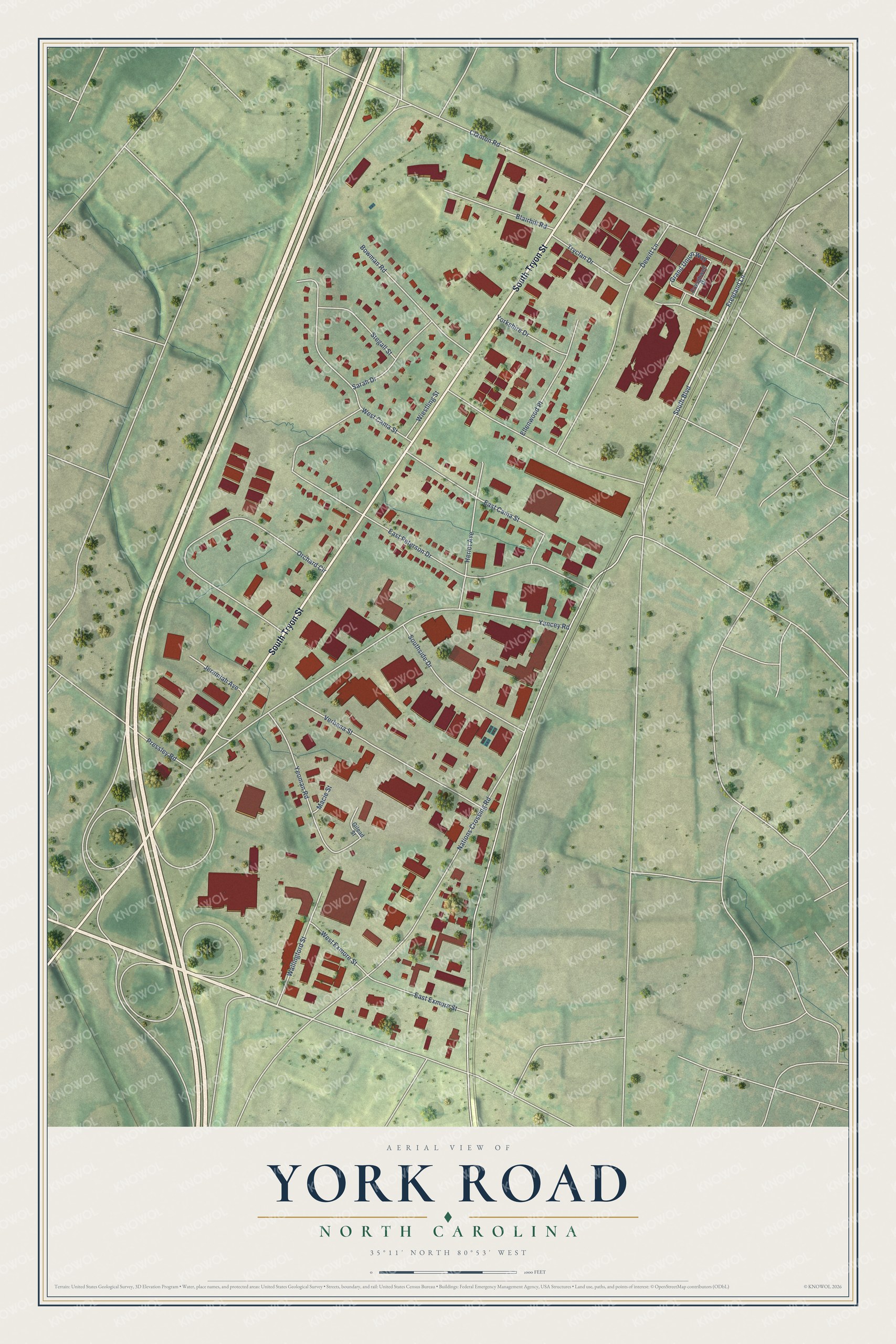 Full map of York Road, North Carolina, with red buildings, printed street names and the land around them