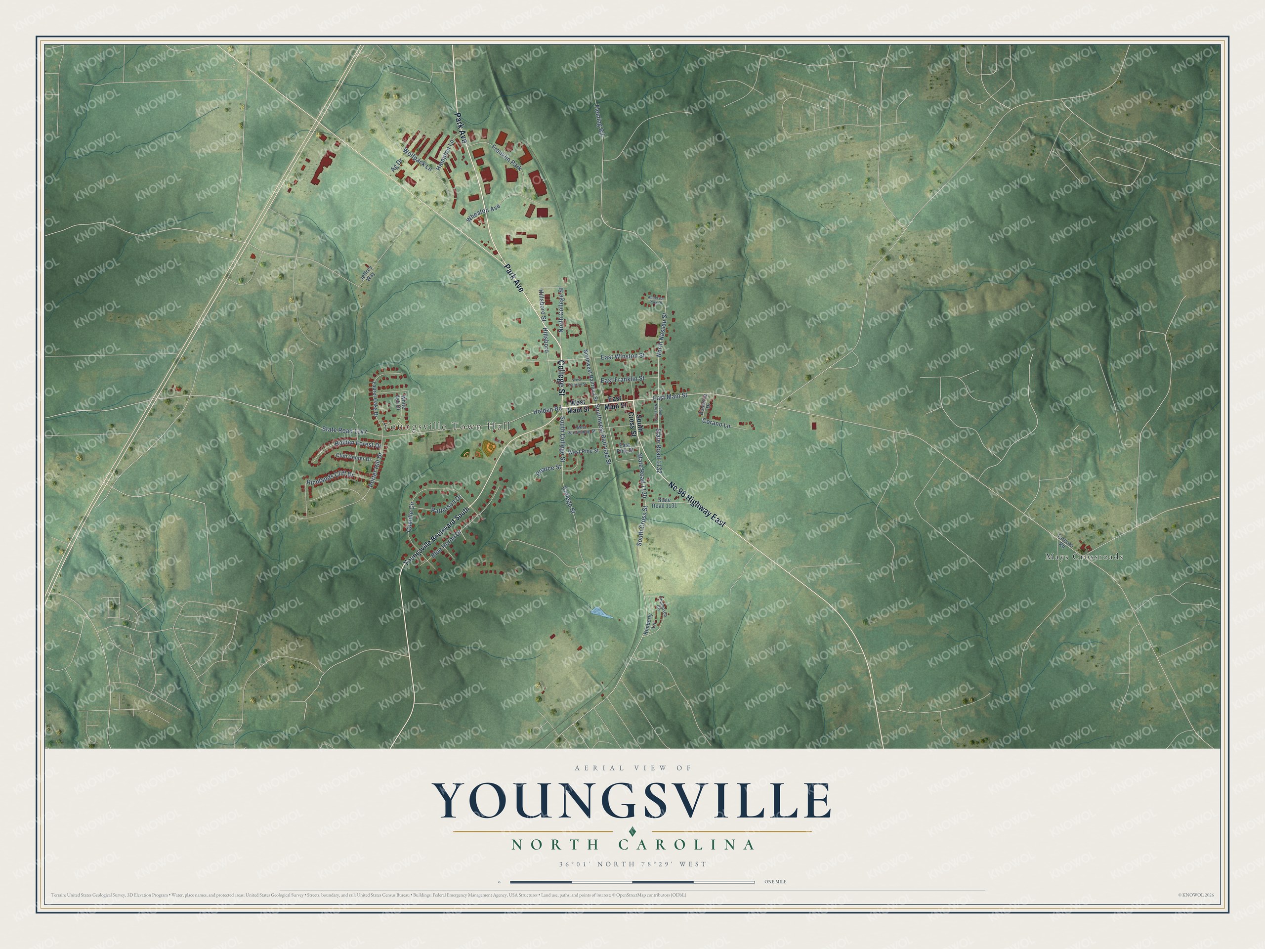 Full map of Youngsville, North Carolina, with red buildings, printed street names and the land around them