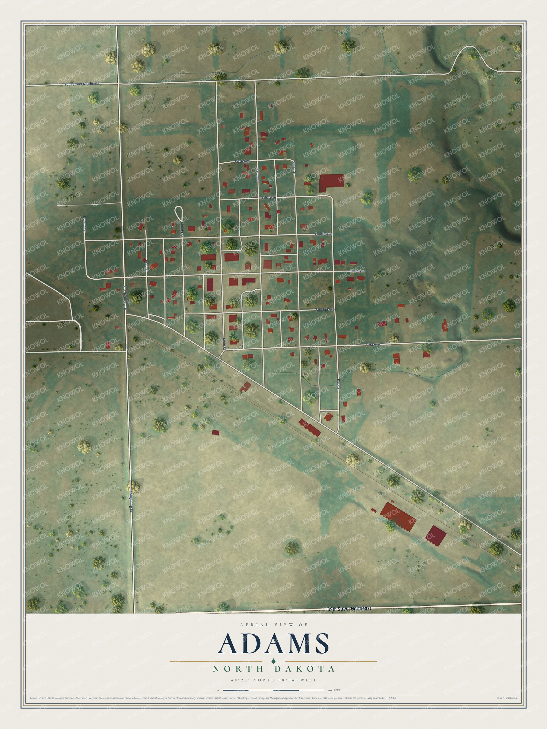 Full map of Adams, North Dakota, with red buildings, printed street names and the land around them