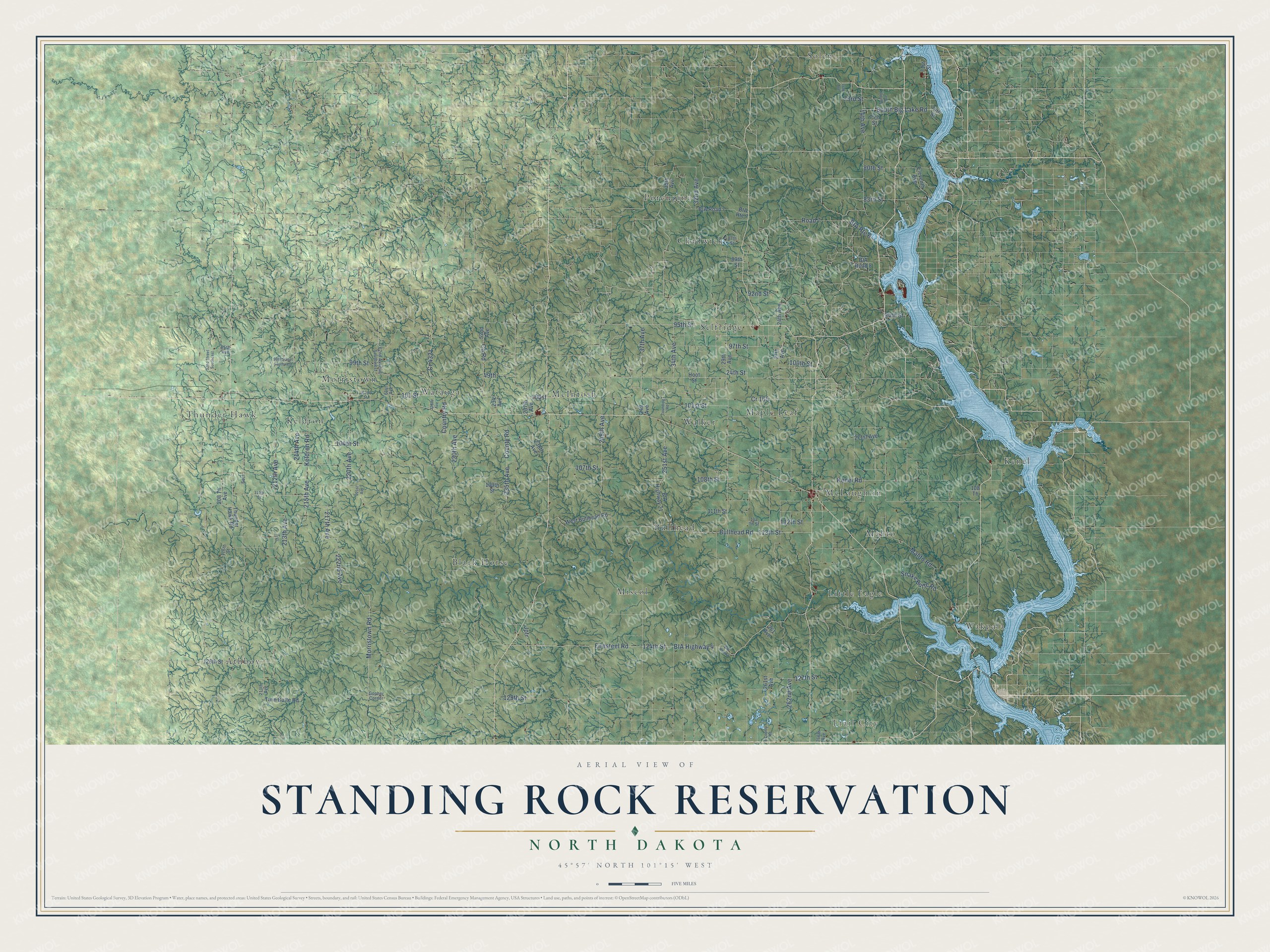 Full map of Standing Rock Reservation, North Dakota, with red buildings, printed street names and the land around them