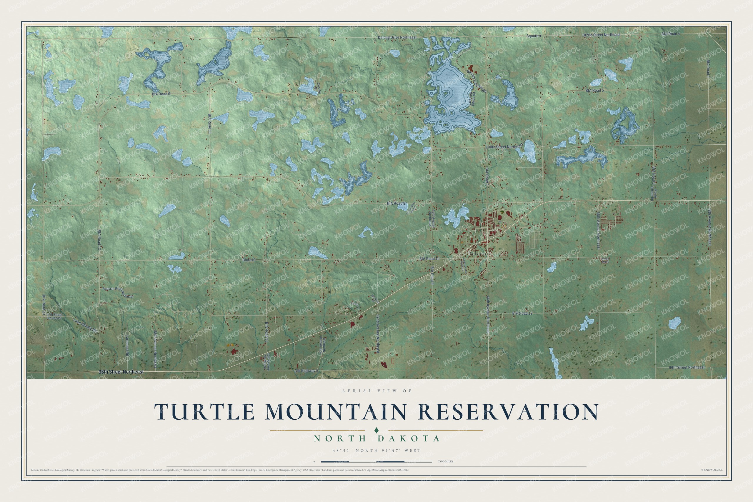 Full map of Turtle Mountain Reservation, North Dakota, with red buildings, printed street names and the land around them