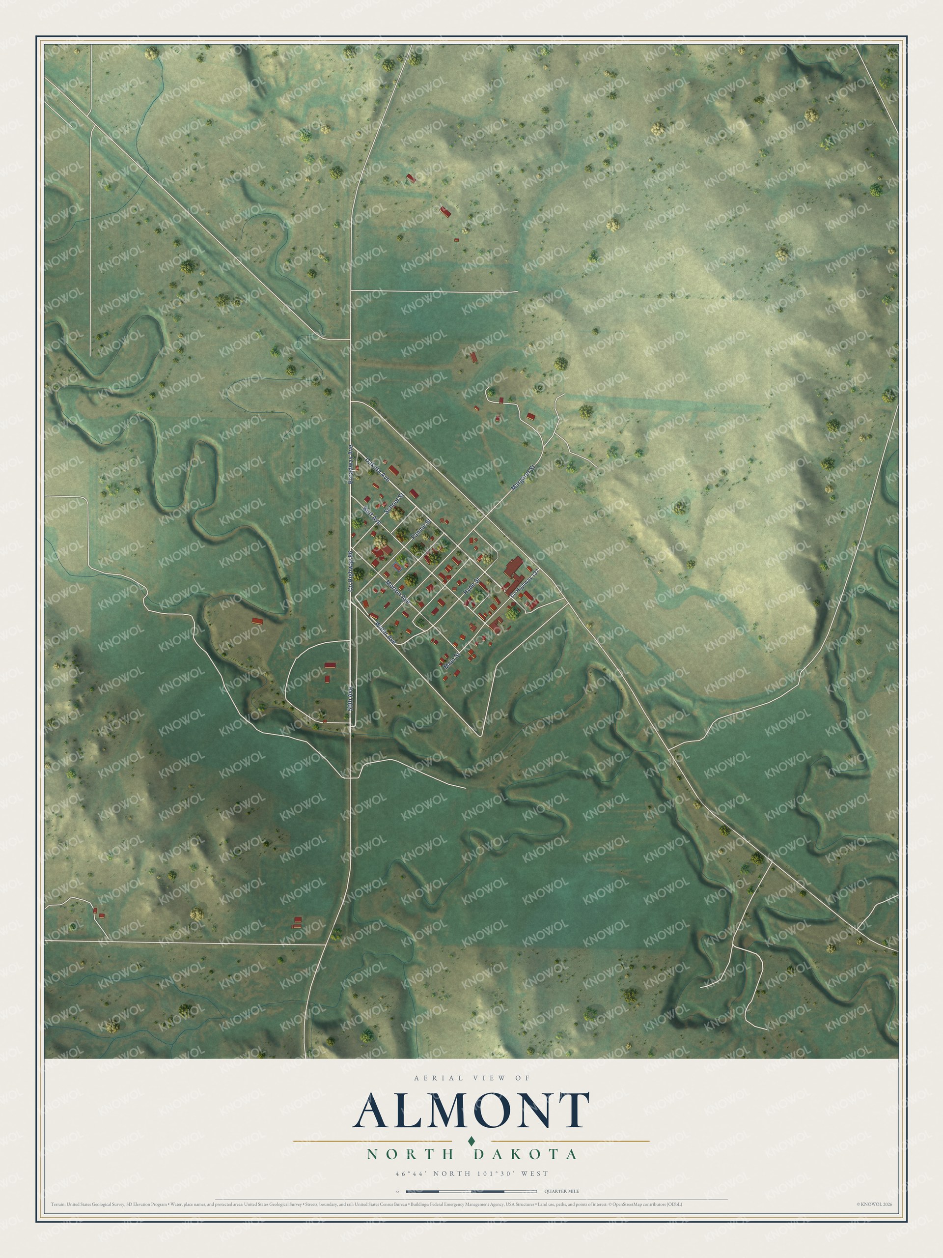 Full map of Almont, North Dakota, with red buildings, printed street names and the land around them