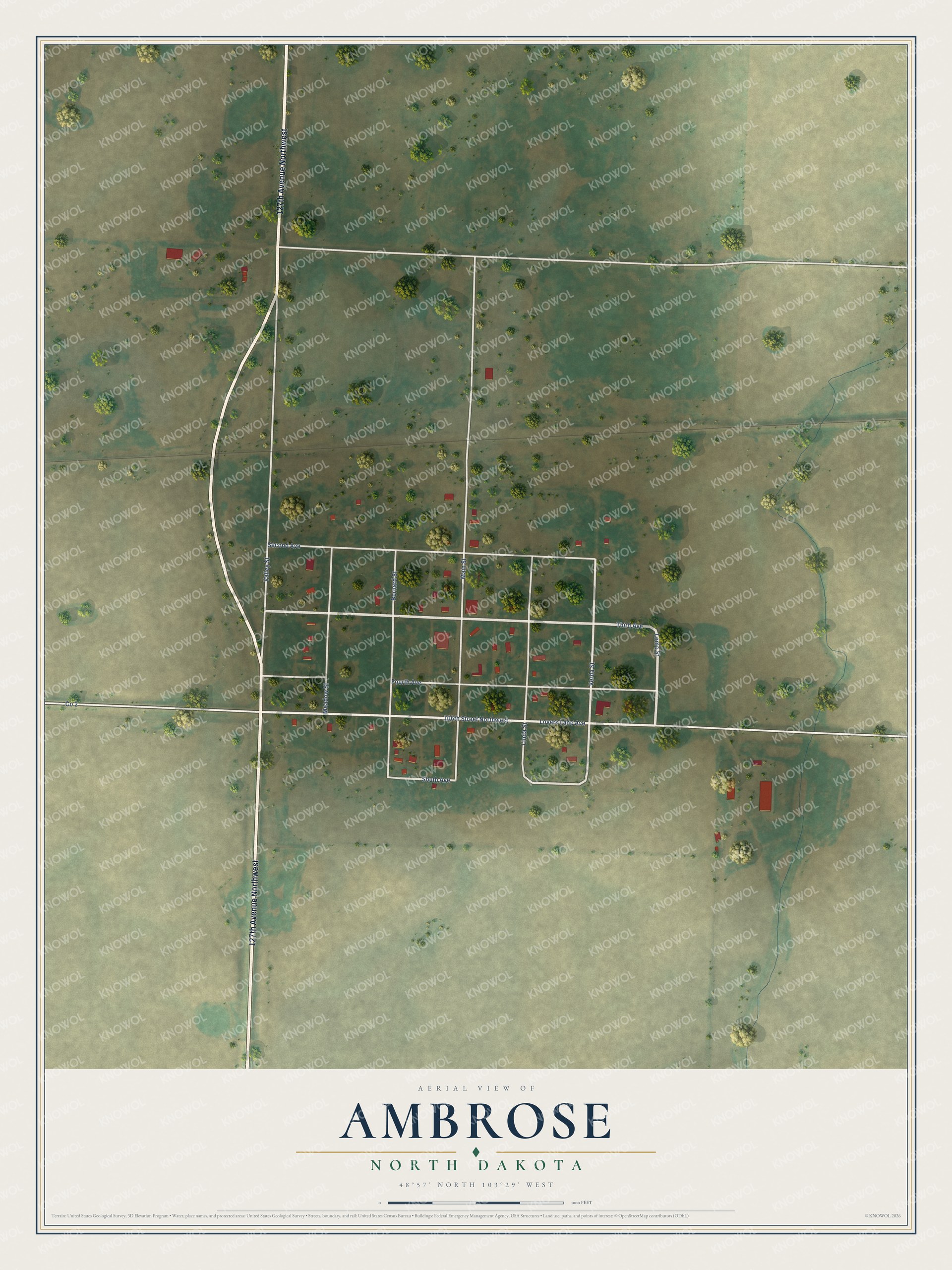 Full map of Ambrose, North Dakota, with red buildings, printed street names and the land around them