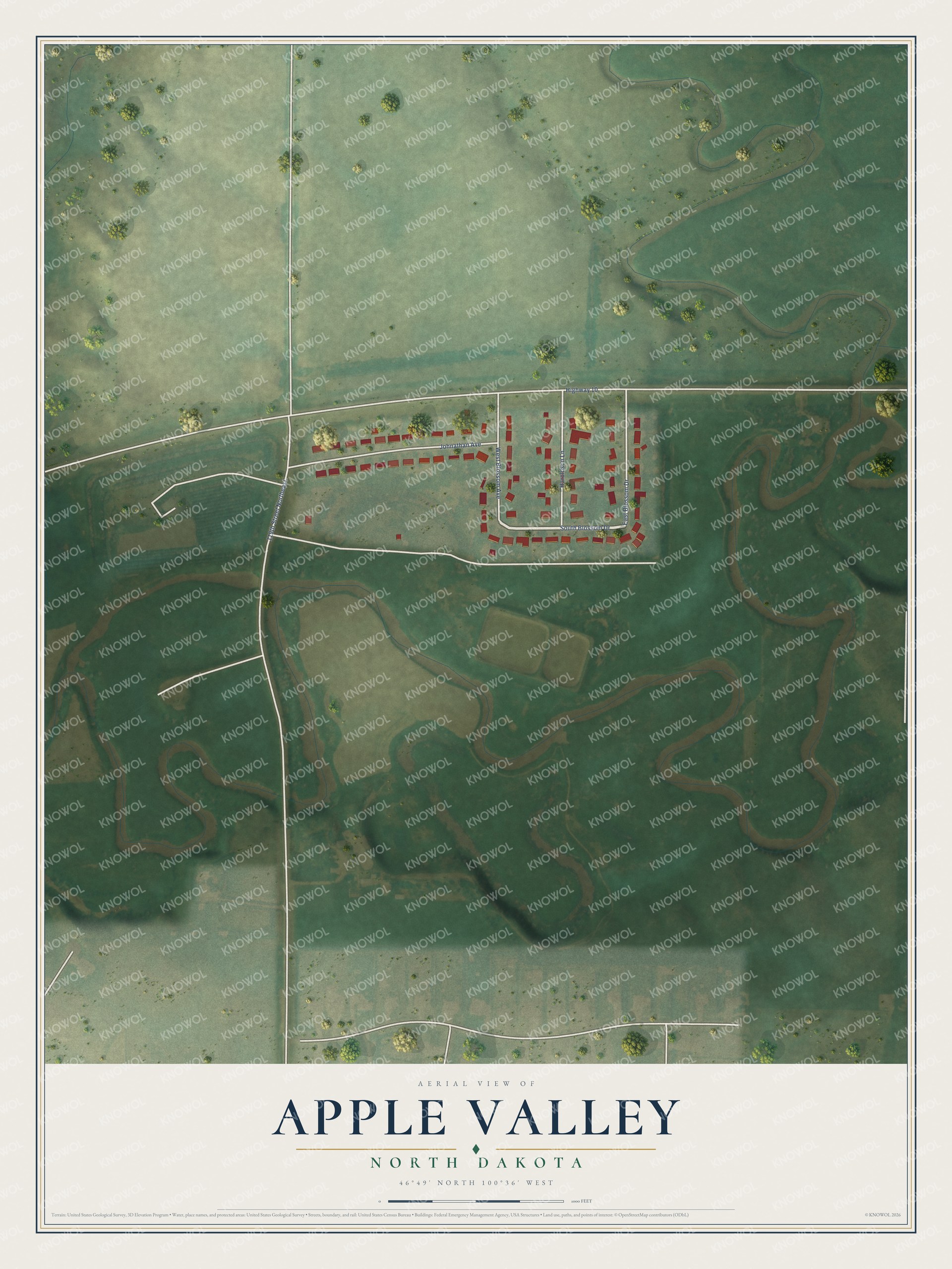 Full map of Apple Valley, North Dakota, with red buildings, printed street names and the land around them