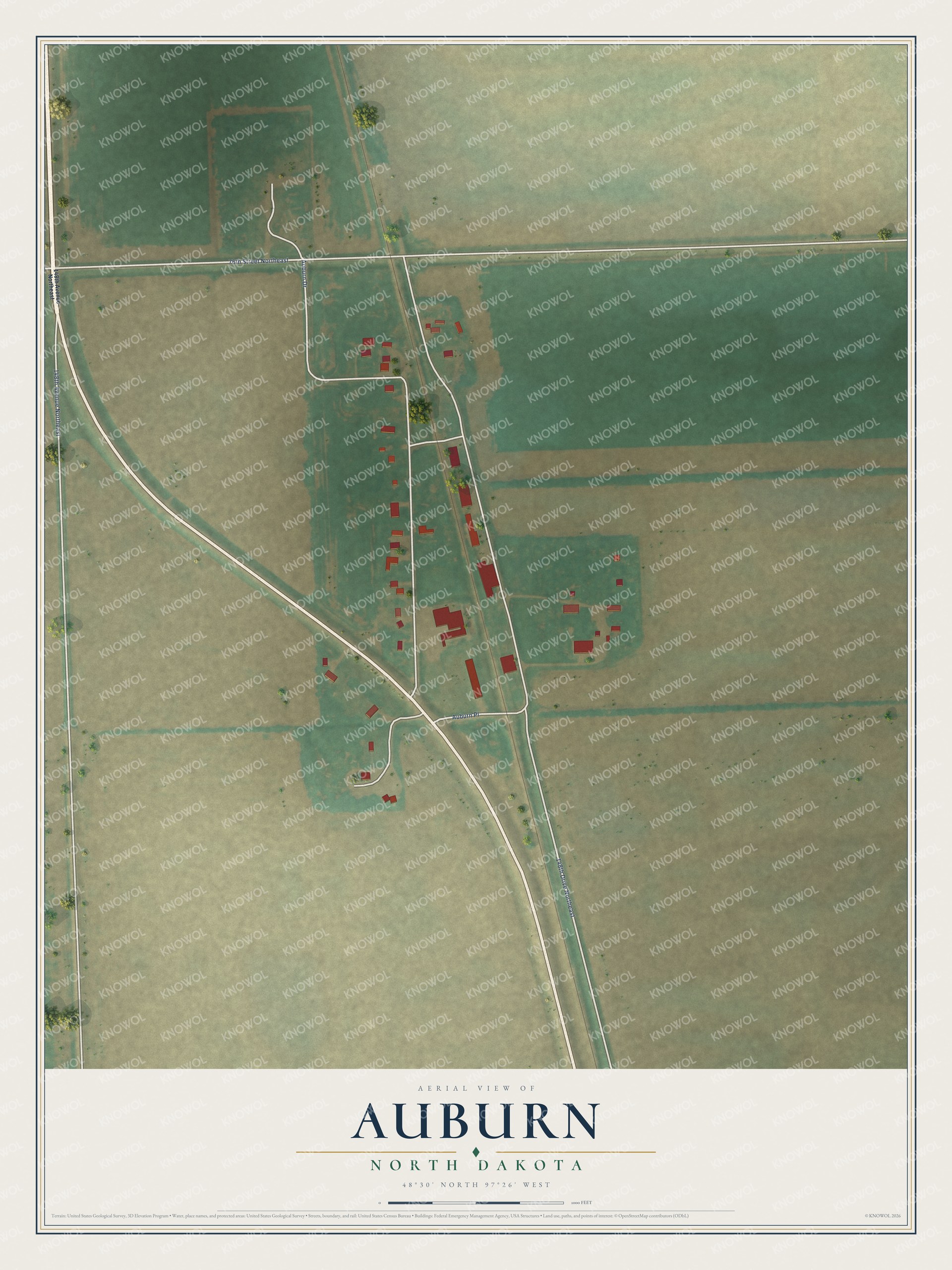 Full map of Auburn, North Dakota, with red buildings, printed street names and the land around them