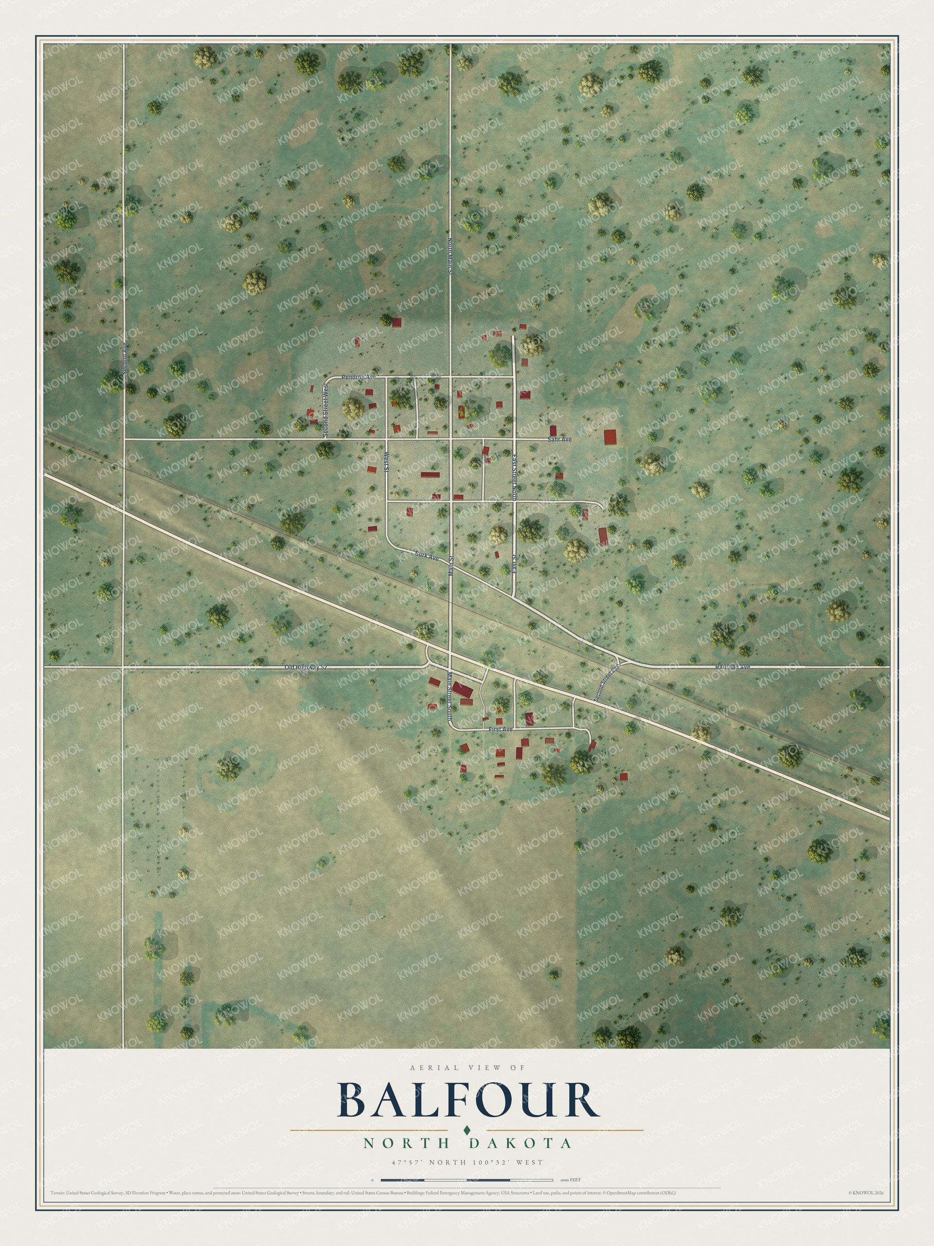 Full map of Balfour, North Dakota, with red buildings, printed street names and the land around them