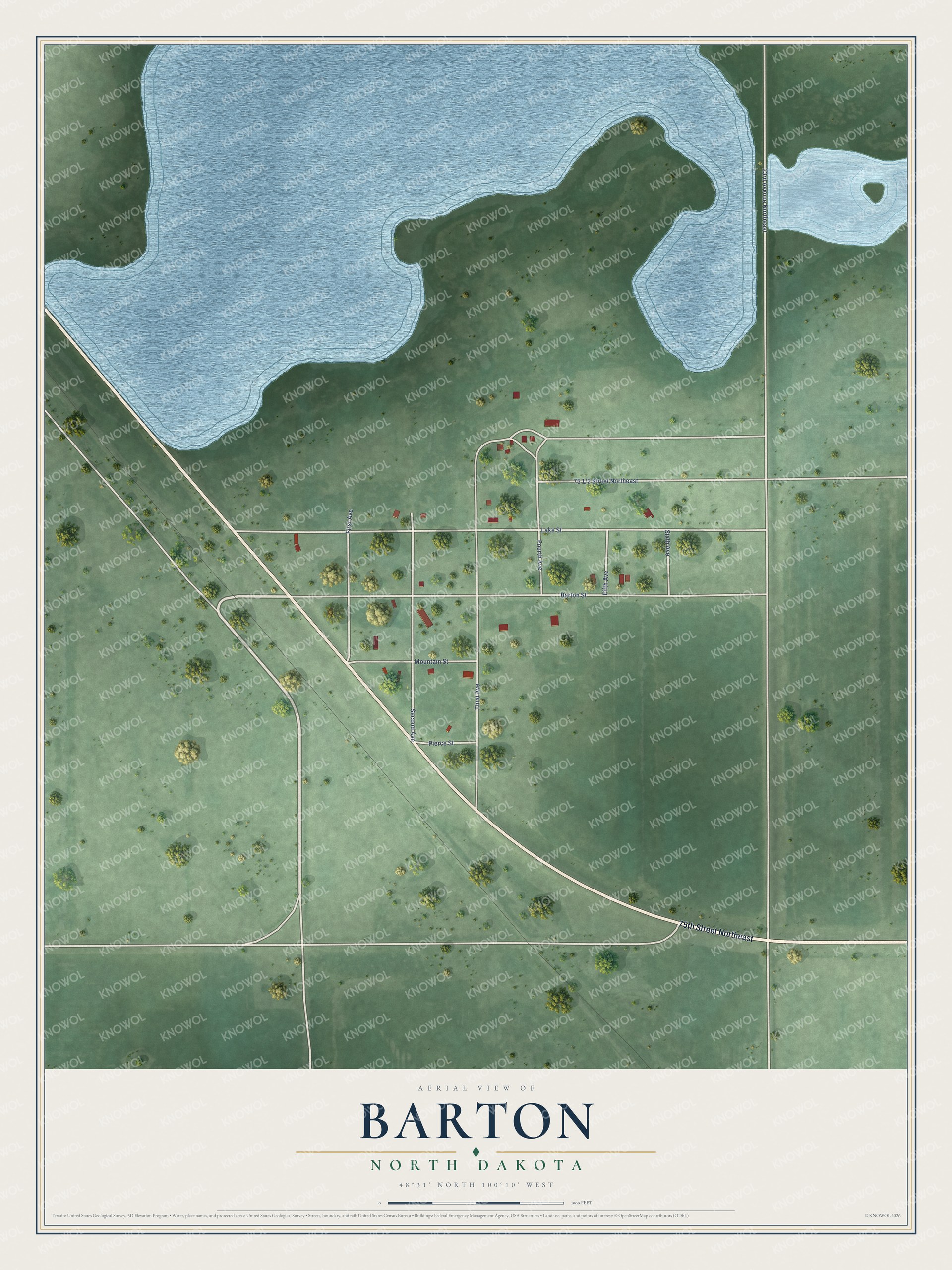 Full map of Barton, North Dakota, with red buildings, printed street names and the land around them