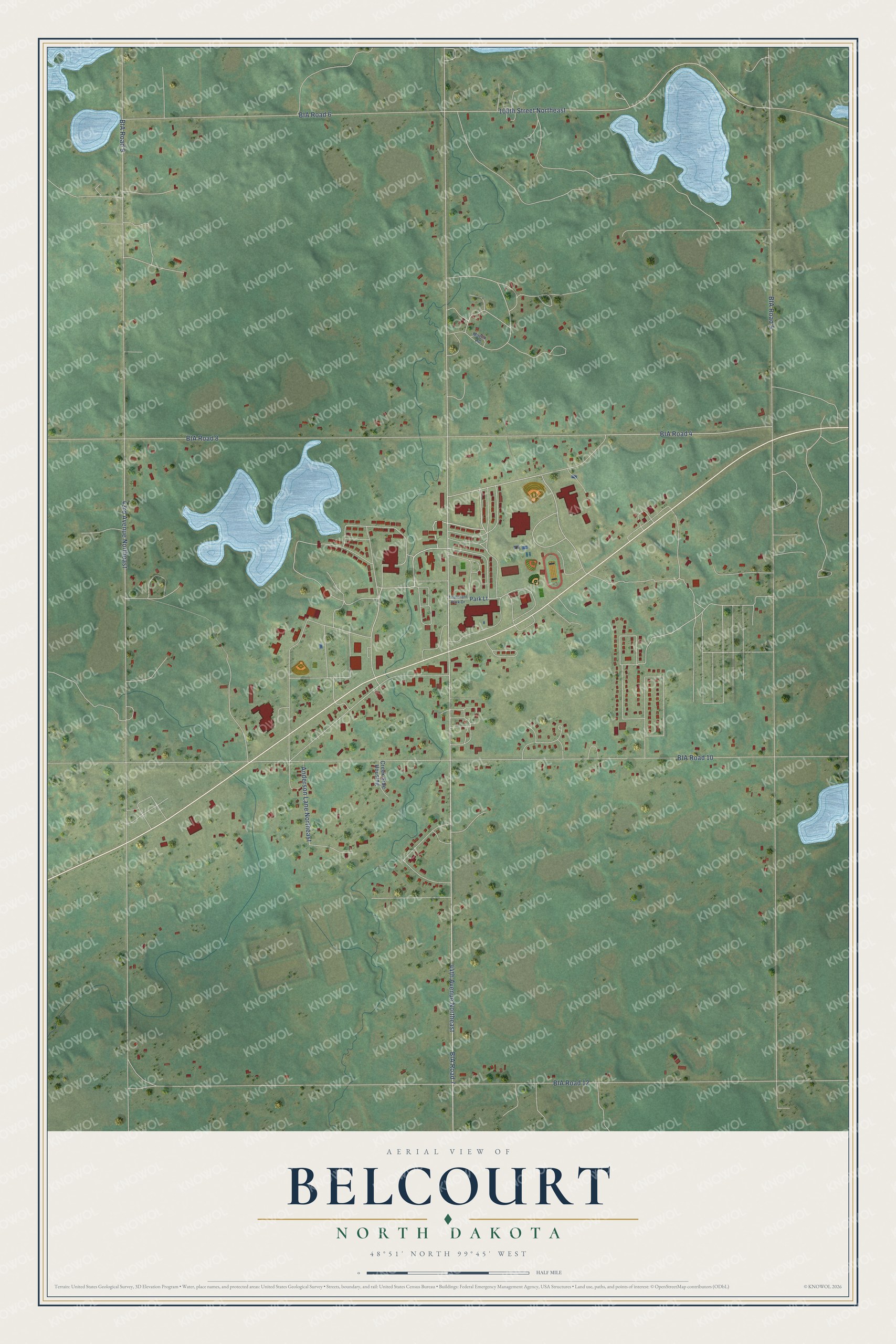 Full map of Belcourt, North Dakota, with red buildings, printed street names and the land around them