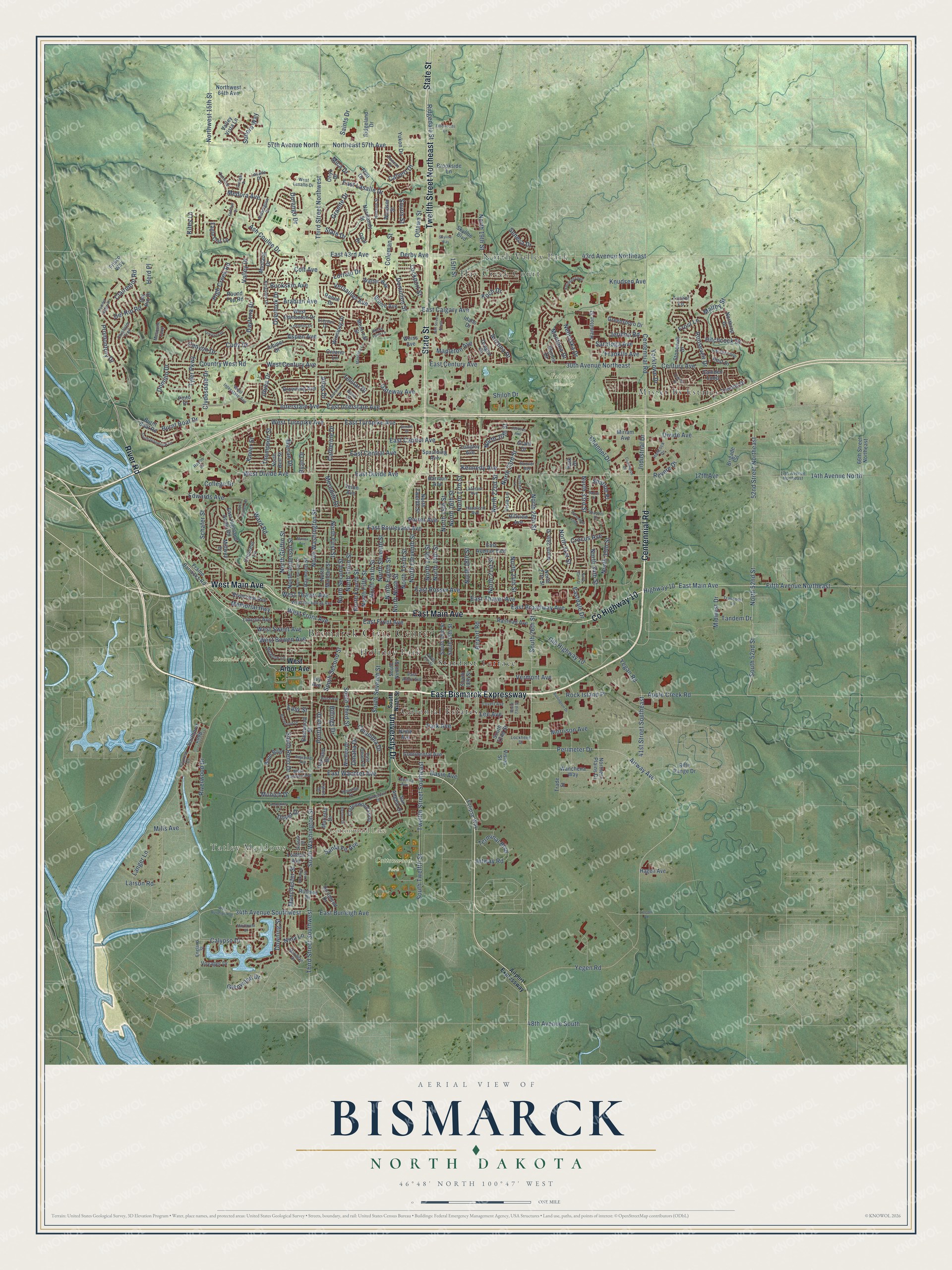 Full map of Bismarck, North Dakota, with red buildings, printed street names and the land around them