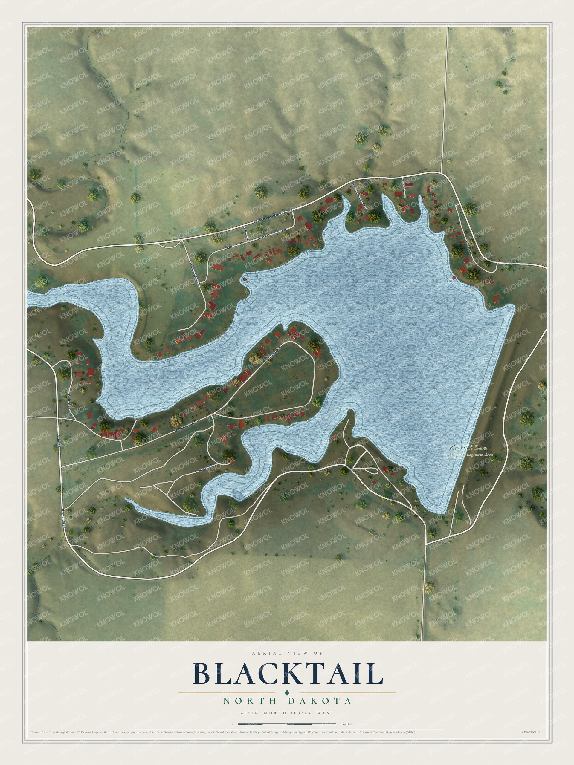 Full map of Blacktail, North Dakota, with red buildings, printed street names and the land around them