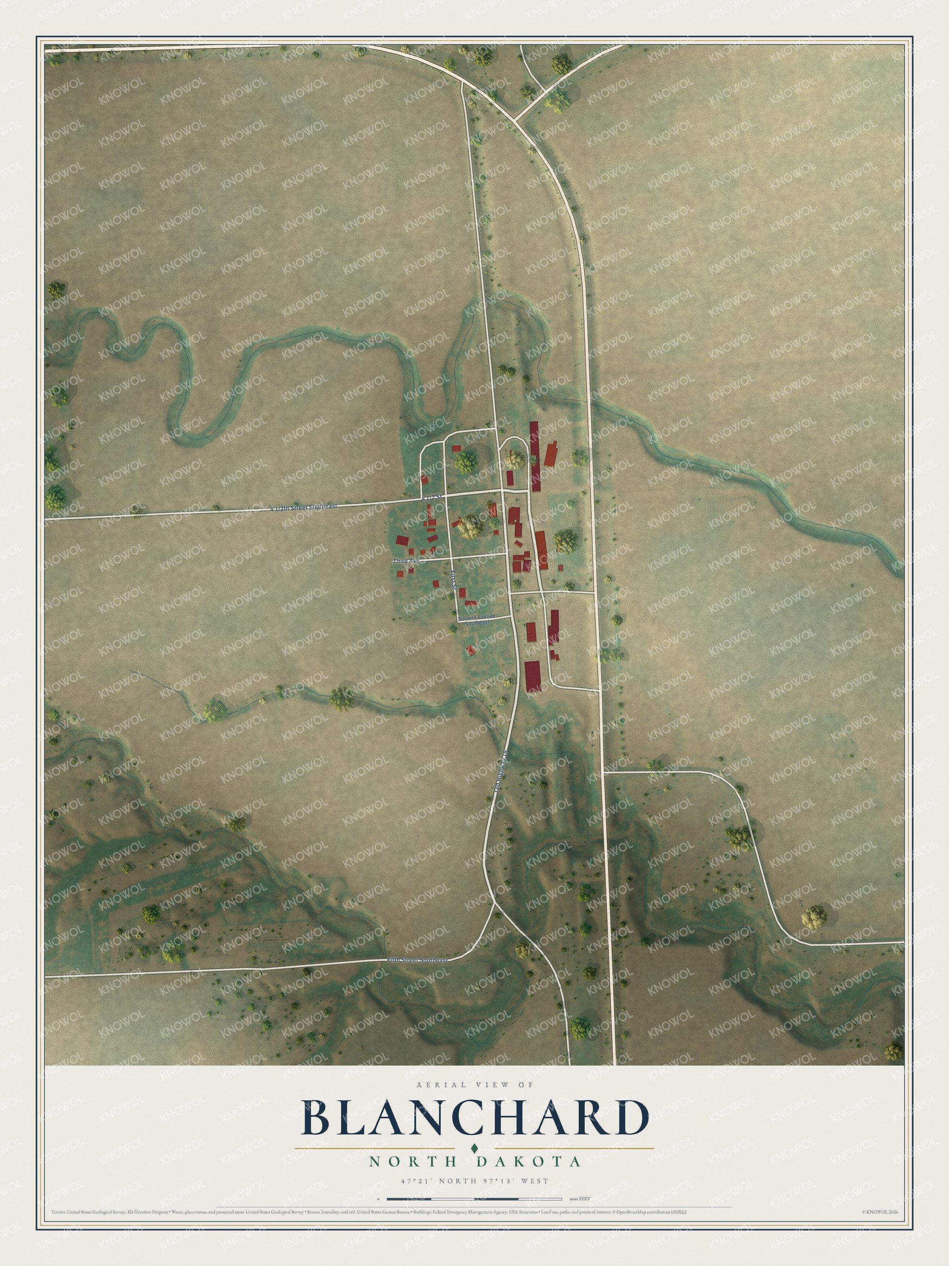 Full map of Blanchard, North Dakota, with red buildings, printed street names and the land around them