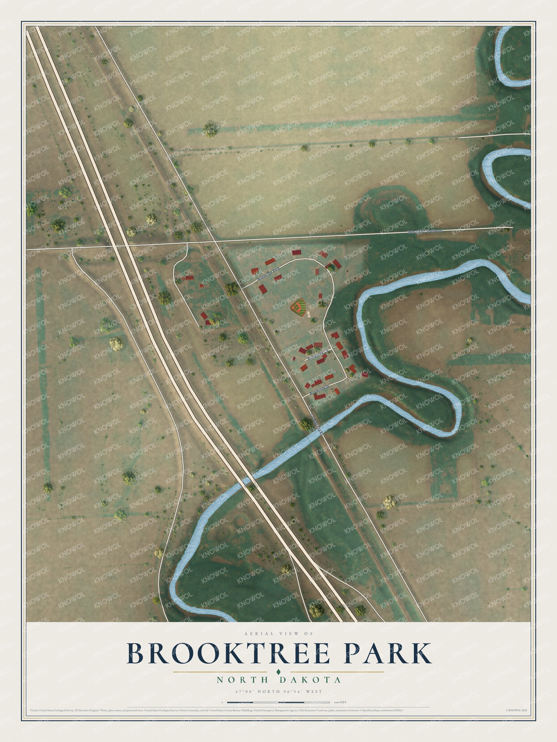 Full map of Brooktree Park, North Dakota, with red buildings, printed street names and the land around them
