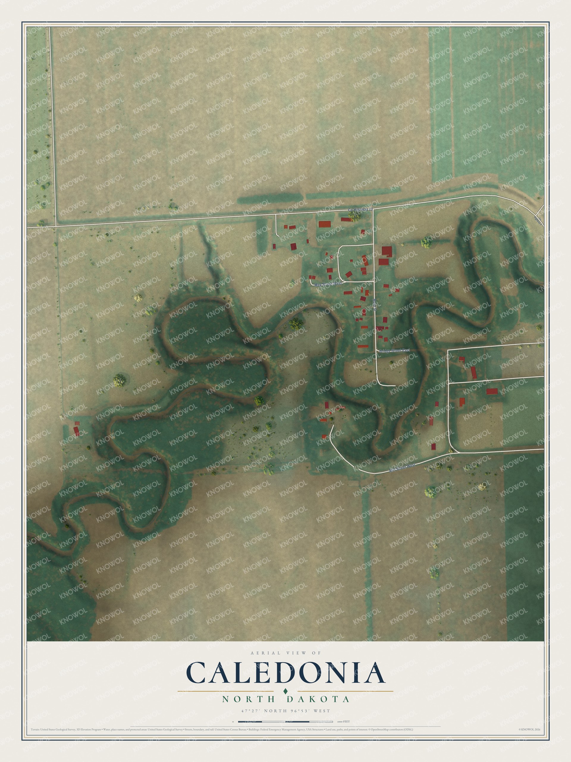 Full map of Caledonia, North Dakota, with red buildings, printed street names and the land around them